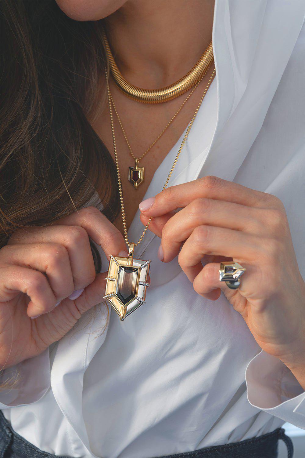 MASON & BOOKS-Small Shield Pendant Necklace - Rubellite-YELLOW GOLD