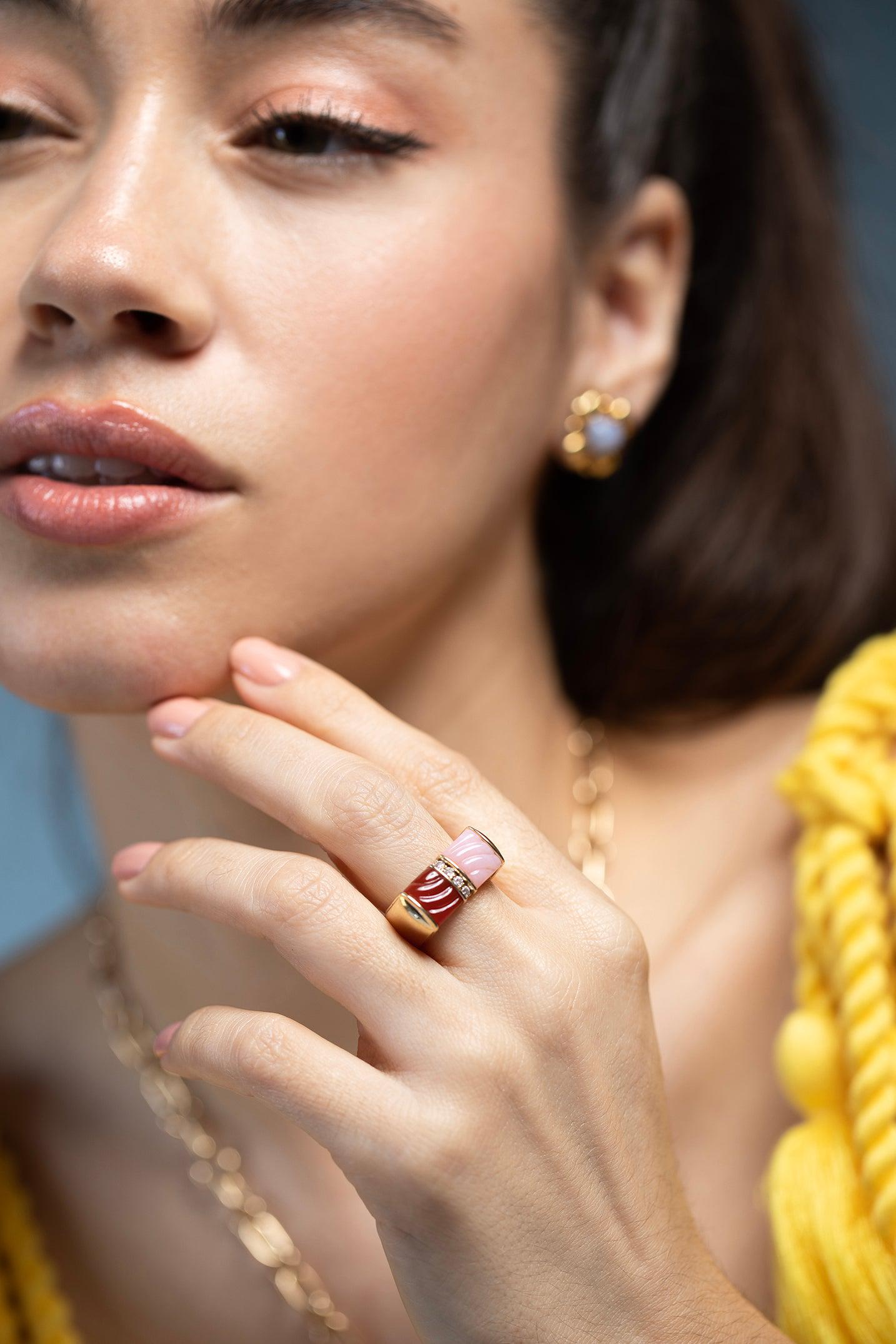 MASON & BOOKS-DNA Cigar Double Ring - Pink Opal-YELLOW GOLD