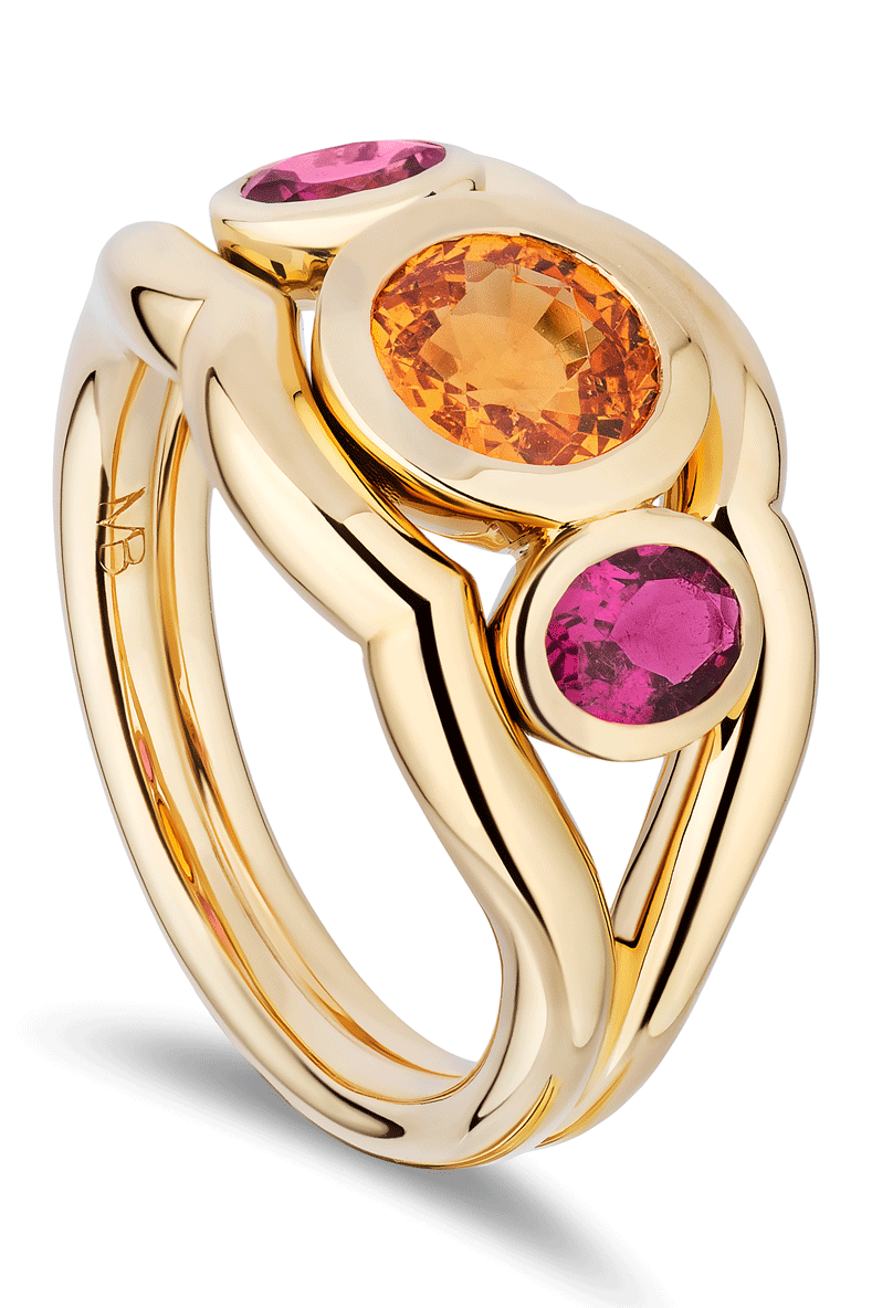 Spessartite Slingshot Three Stone Ring-YELLOW GOLD-6.5-JEWELRYFINE JEWELRING-MASON & BOOKS