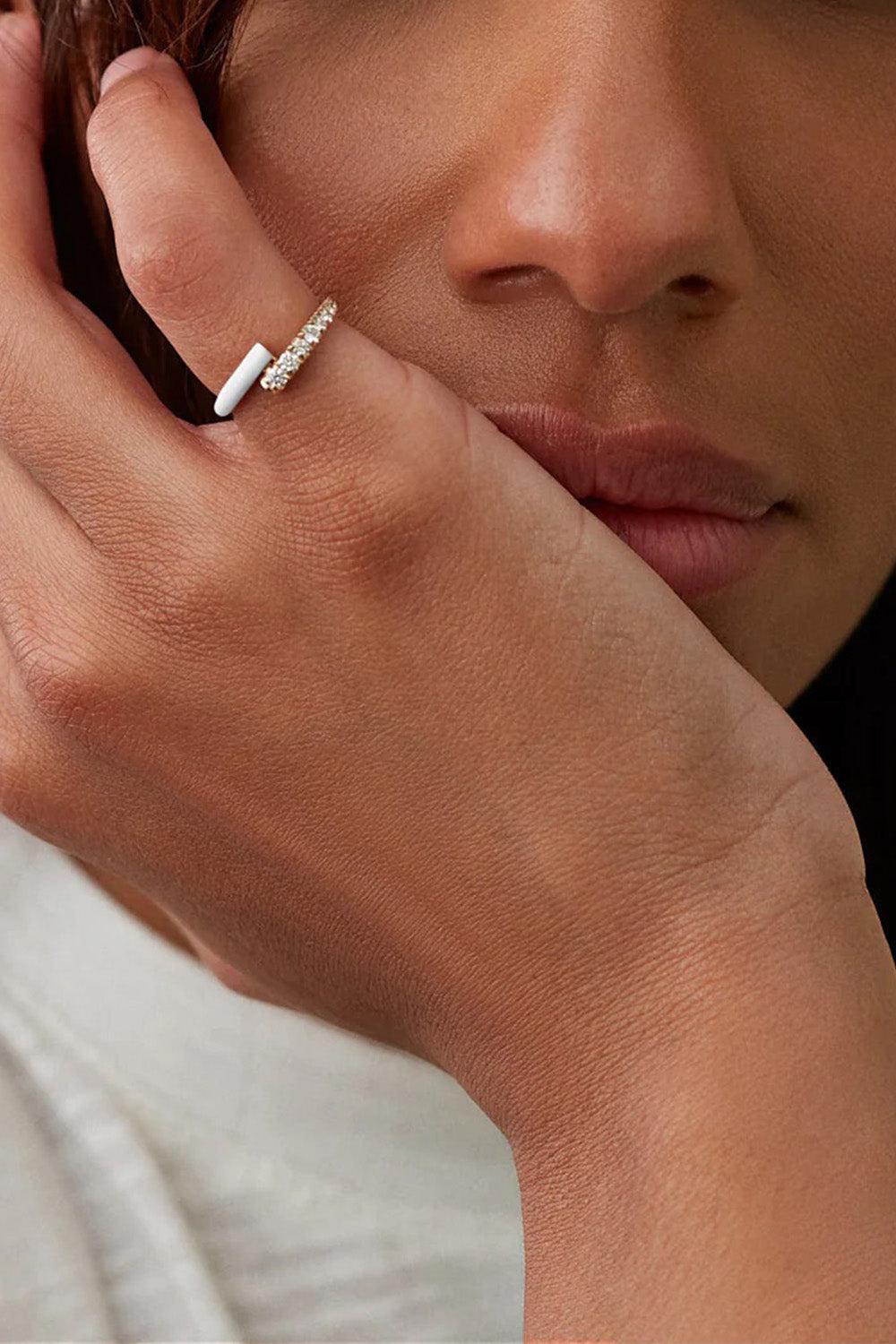 White Enamel Lola Pinky Ring-YELLOW GOLD-3.5-JEWELRYFINE JEWELEARRING-MELISSA KAYE