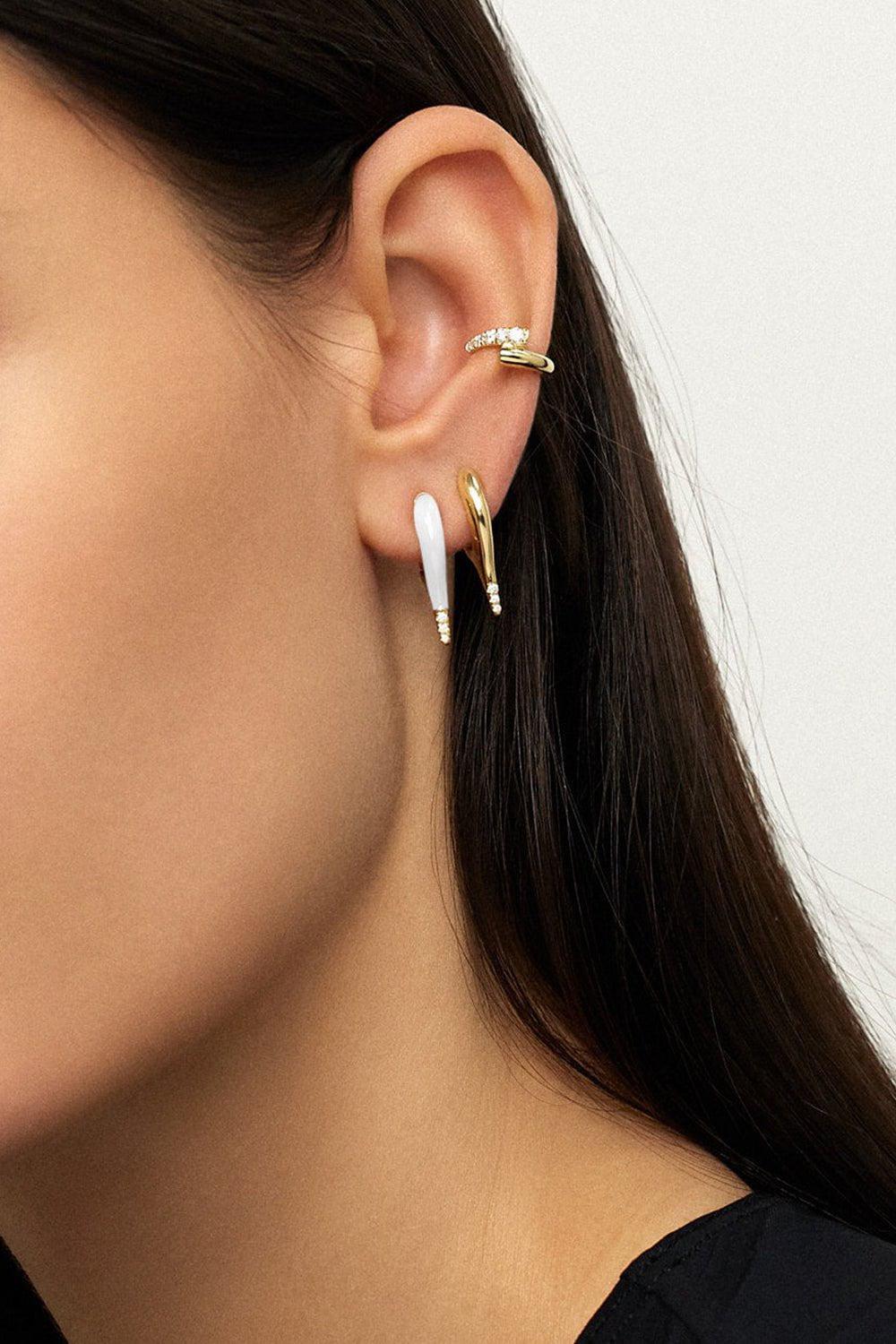 MELISSA KAYE-Mini White Enamel Lola Earrings-YELLOW GOLD