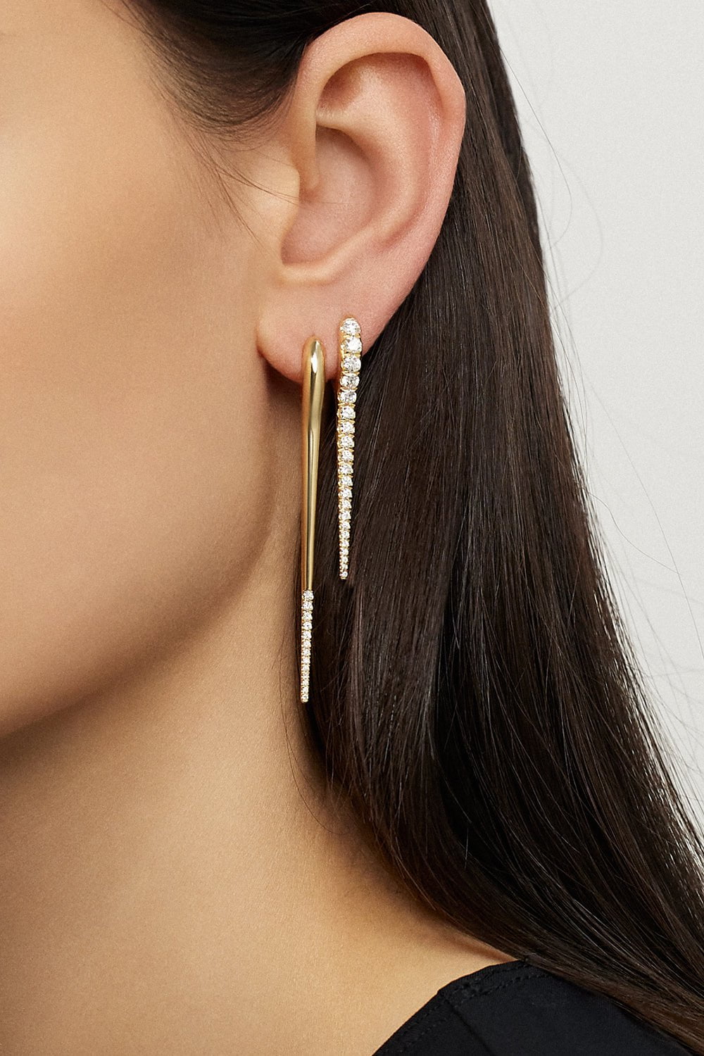 MELISSA KAYE-Partial Diamond Large Lola Needle Earrings-YELLOW GOLD
