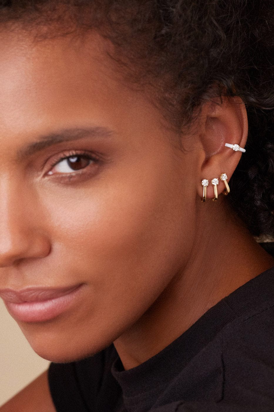 MELISSA KAYE-White Enamel Aria U Earcuff-YELLOW GOLD