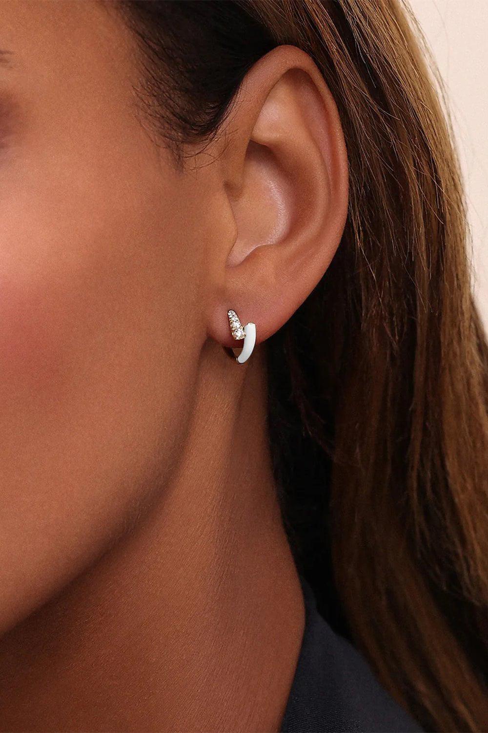 MELISSA KAYE-White Enamel Lola Huggie Earrings-YELLOW GOLD