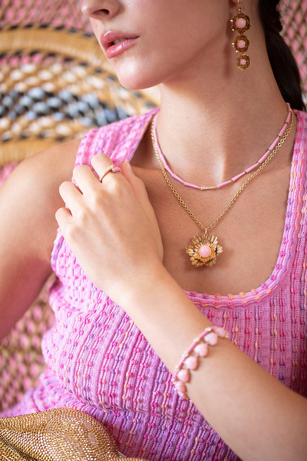 MELISSA KAYE-Marissa Pink Lola Linked Necklace-YELLOW GOLD