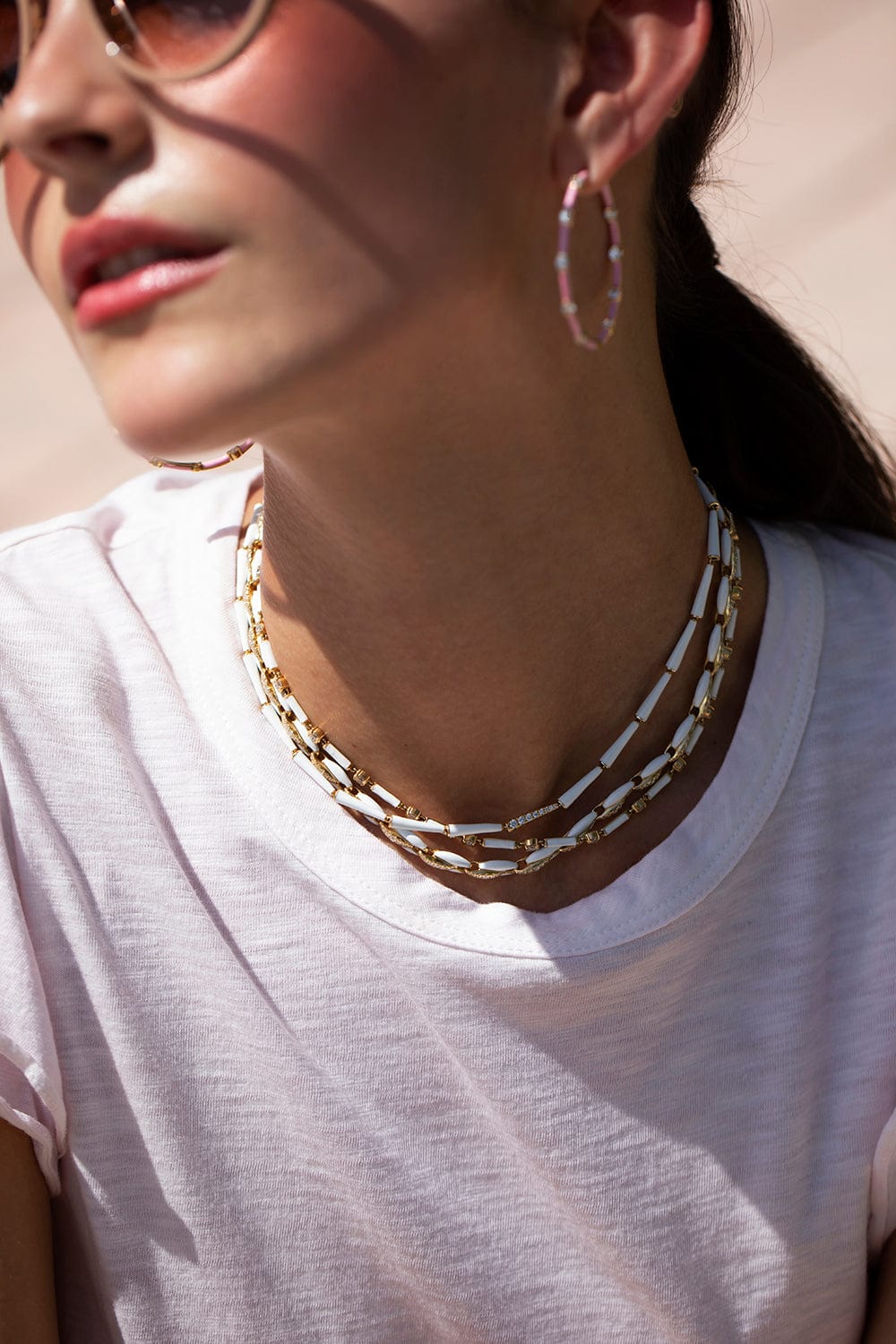 MELISSA KAYE-White Enamel Zea Linked Necklace-YELLOW GOLD