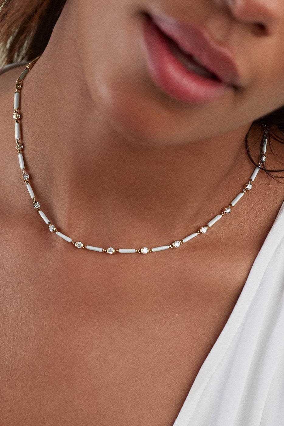 MELISSA KAYE-White Enamel Zea Linked Necklace-YELLOW GOLD