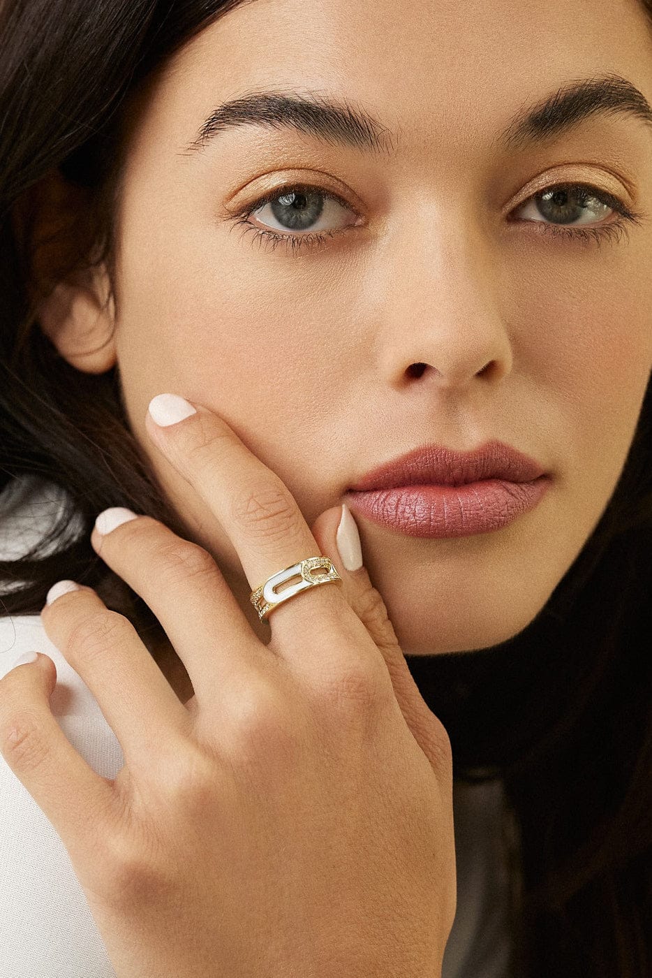 MELISSA KAYE-White Enamel Kira Ring-YELLOW GOLD