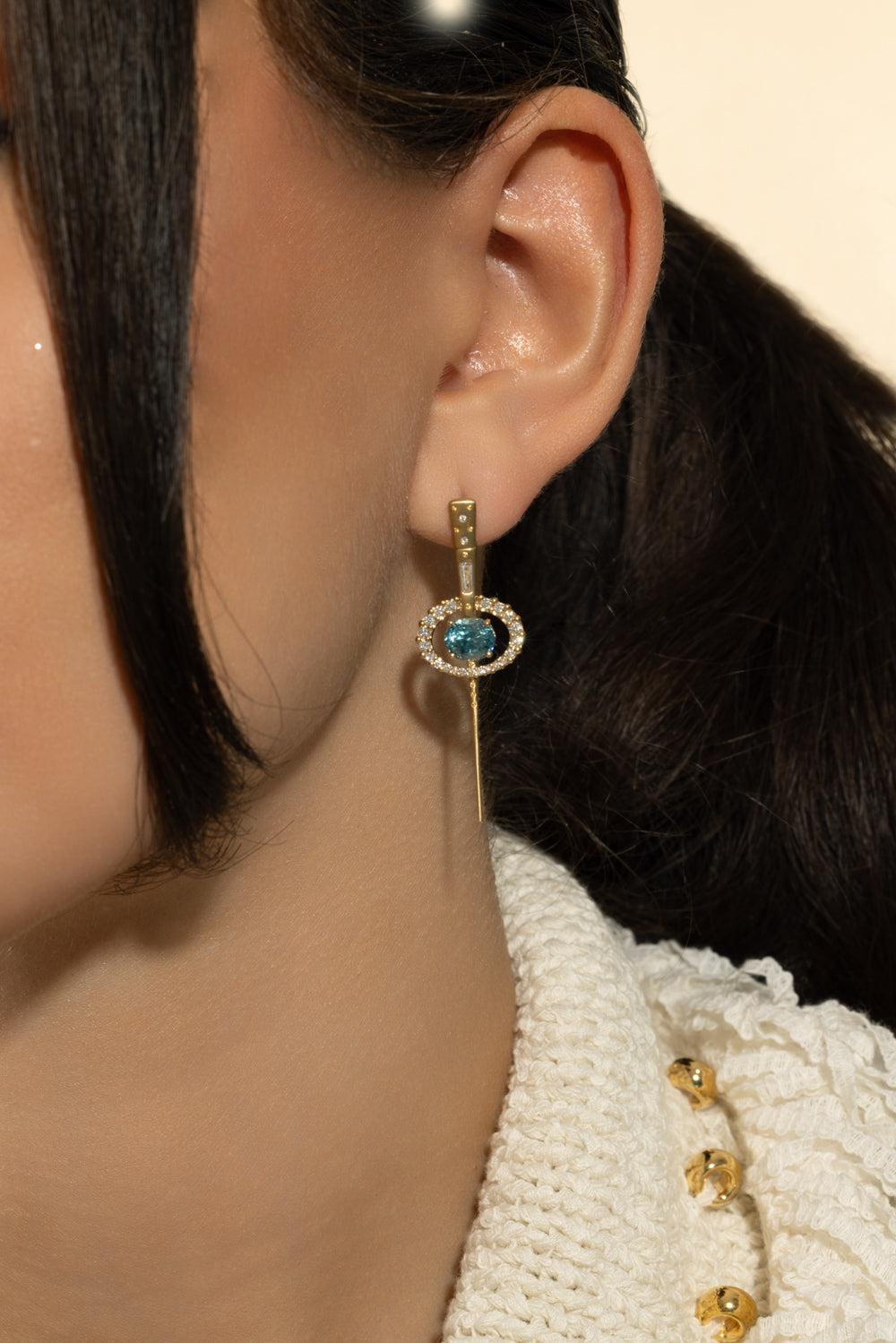 Diamond Blue Zircon Clear Skies Long Orbit Earrings-YELLOW GOLD-JEWELRYFINE JEWELEARRING-MEREDITH YOUNG