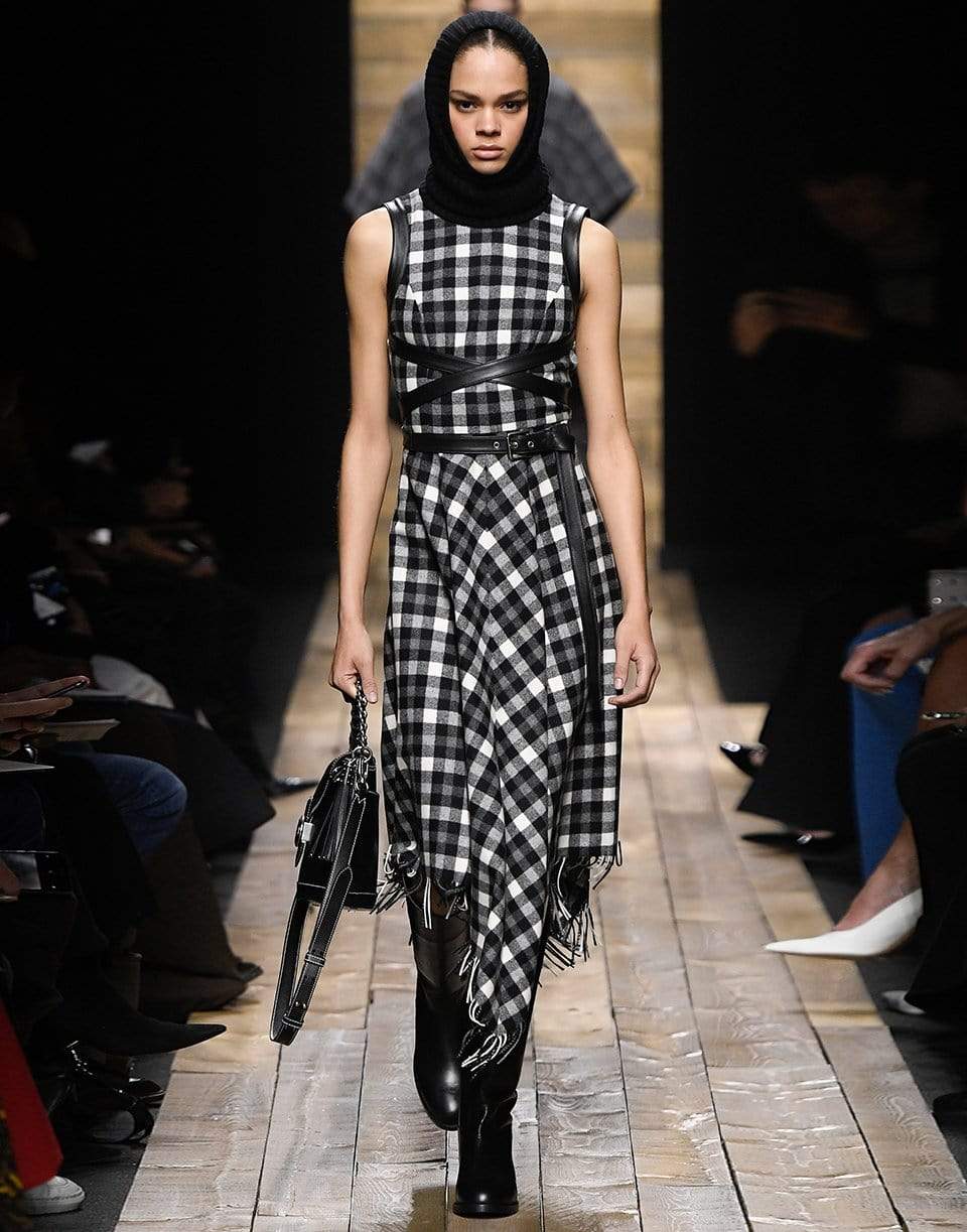 MICHAEL KORS-Black and White Asymmetric Fringe Belted Dress-