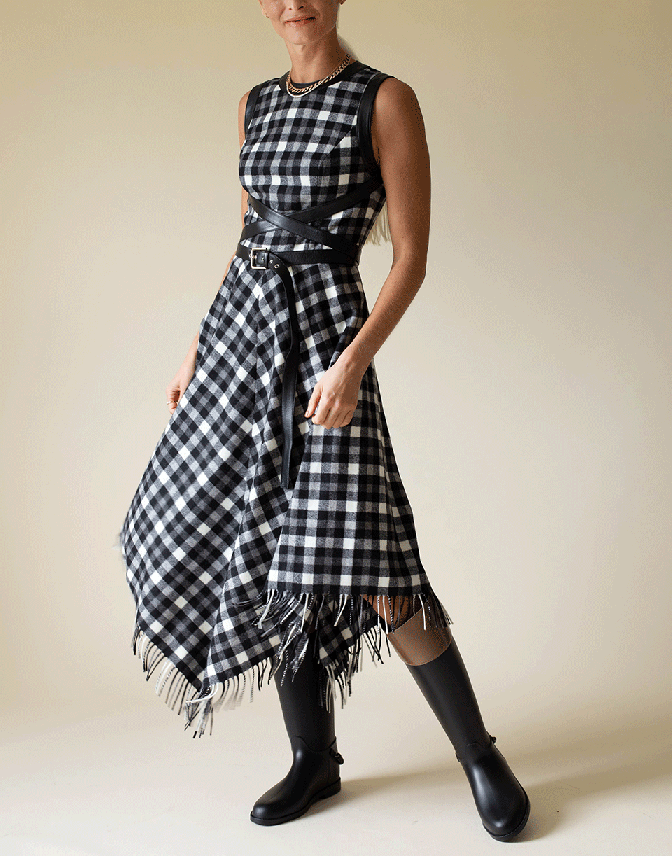 MICHAEL KORS-Black and White Asymmetric Fringe Belted Dress-