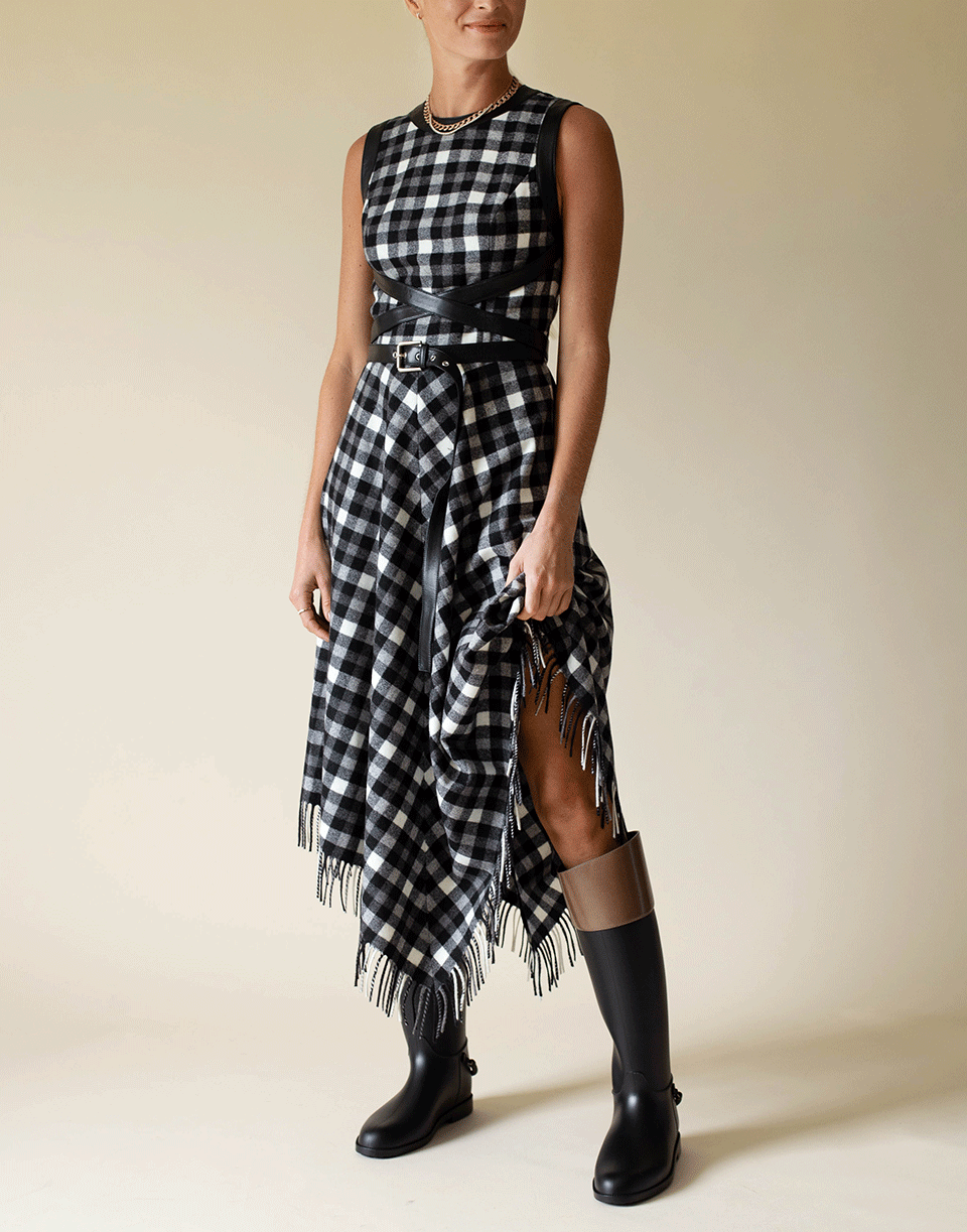 MICHAEL KORS-Black and White Asymmetric Fringe Belted Dress-