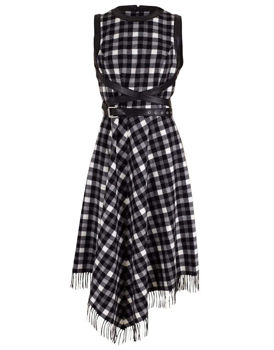 MICHAEL KORS-Black and White Asymmetric Fringe Belted Dress-