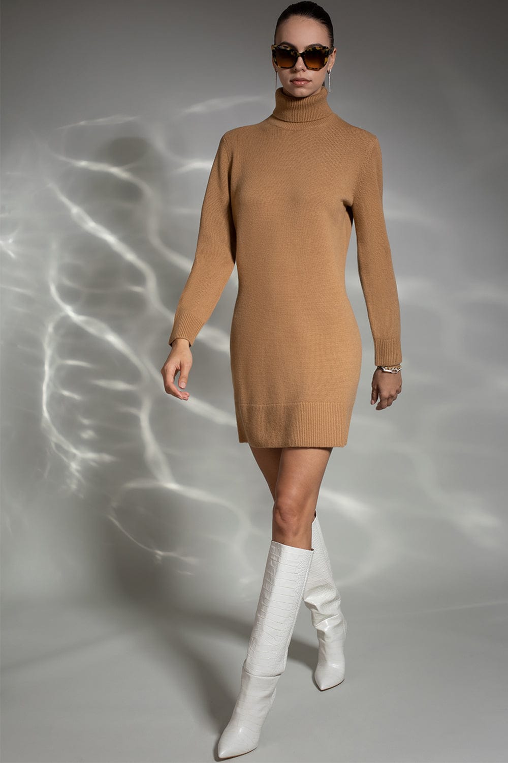 MICHAEL KORS-Kaia Turtleneck Dress-CAMEL