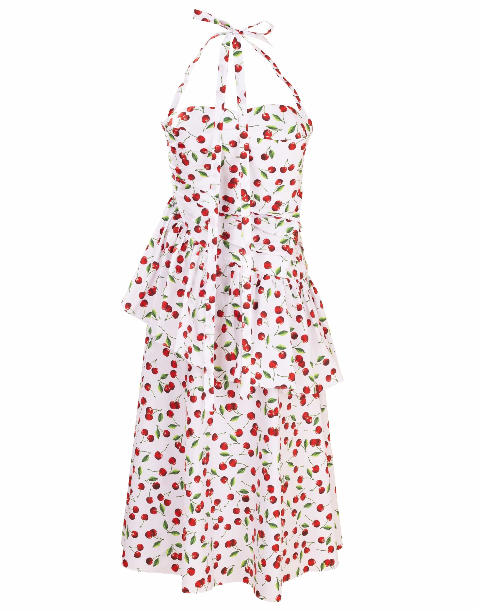 Cherry Print Ruched Peplum Halter Dress Cherry Print Ruched Peplum Halter Dress