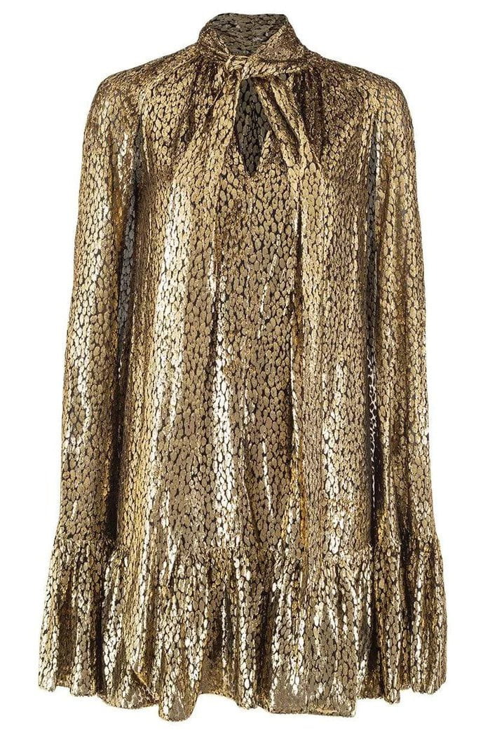 MICHAEL KORS-Gold and Black Tie Neck Cape Dress-