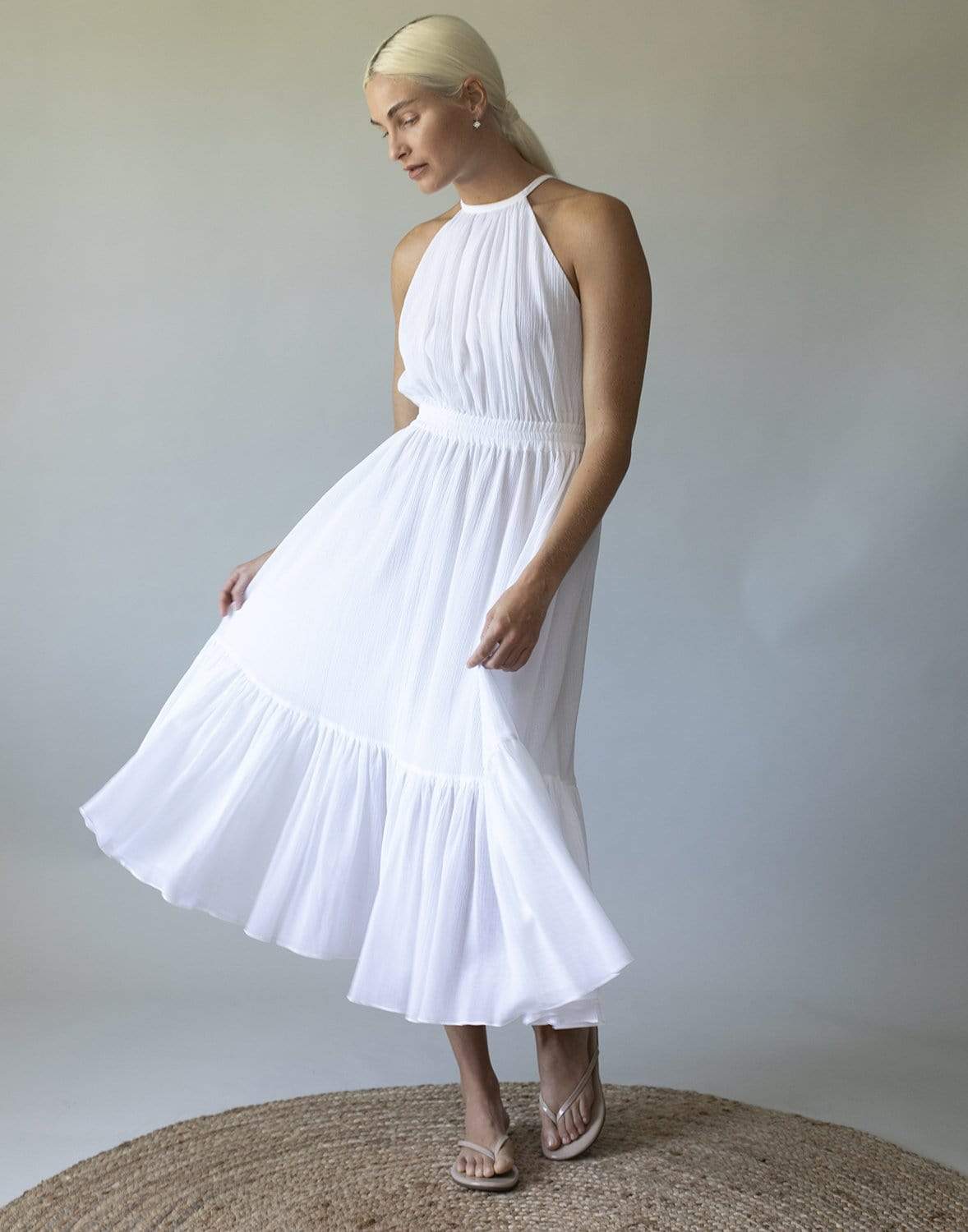 MICHAEL KORS-Cotton and Silk Crepon Blend Halter Dress-WHITE