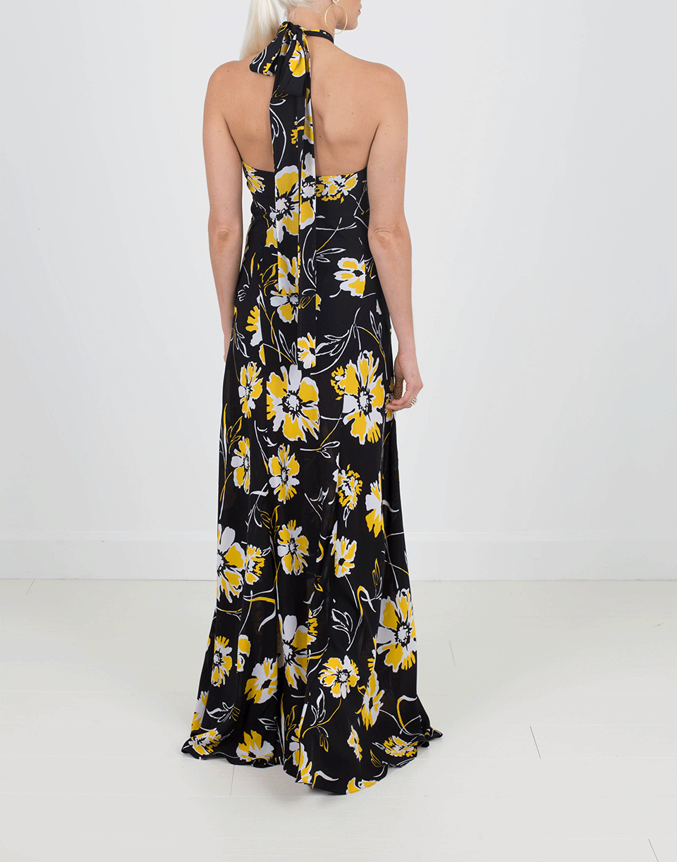 MICHAEL KORS-Graphic Floral Georgette Halter Gown-LEMON