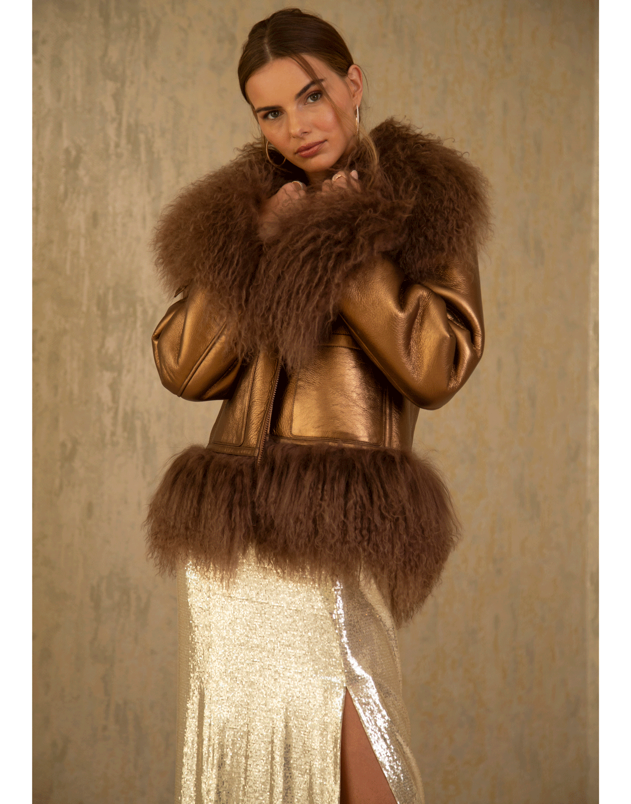 MICHAEL KORS-Metallic Shearling Bomber Jacket-COPPER