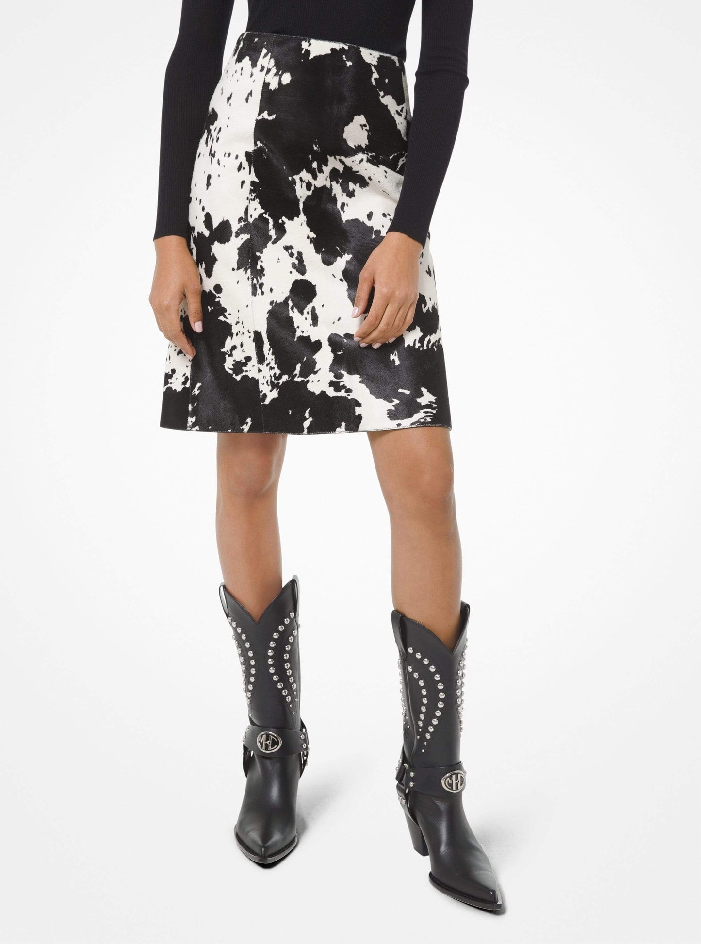MICHAEL KORS-Pony Haircalf A-Line Skirt-IVRY/BLK