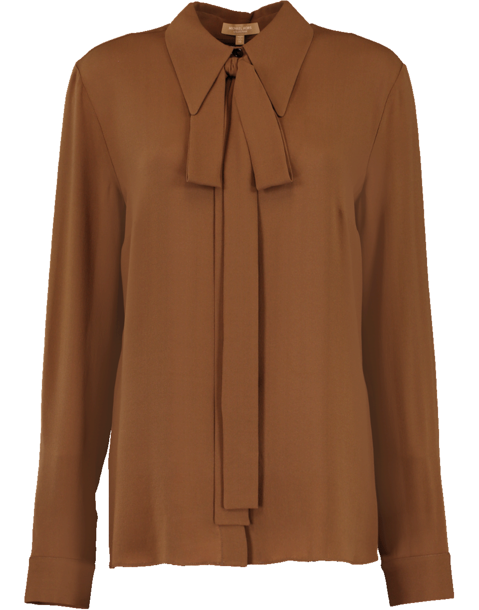 MICHAEL KORS-Tie Front Button Down Blouse-SADDLE