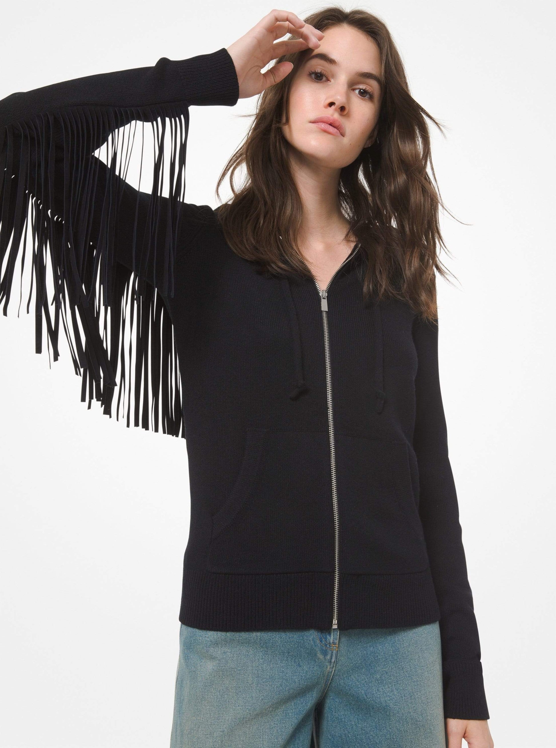 MICHAEL KORS-Black Cashmere and Suede Fringe Hoodie-