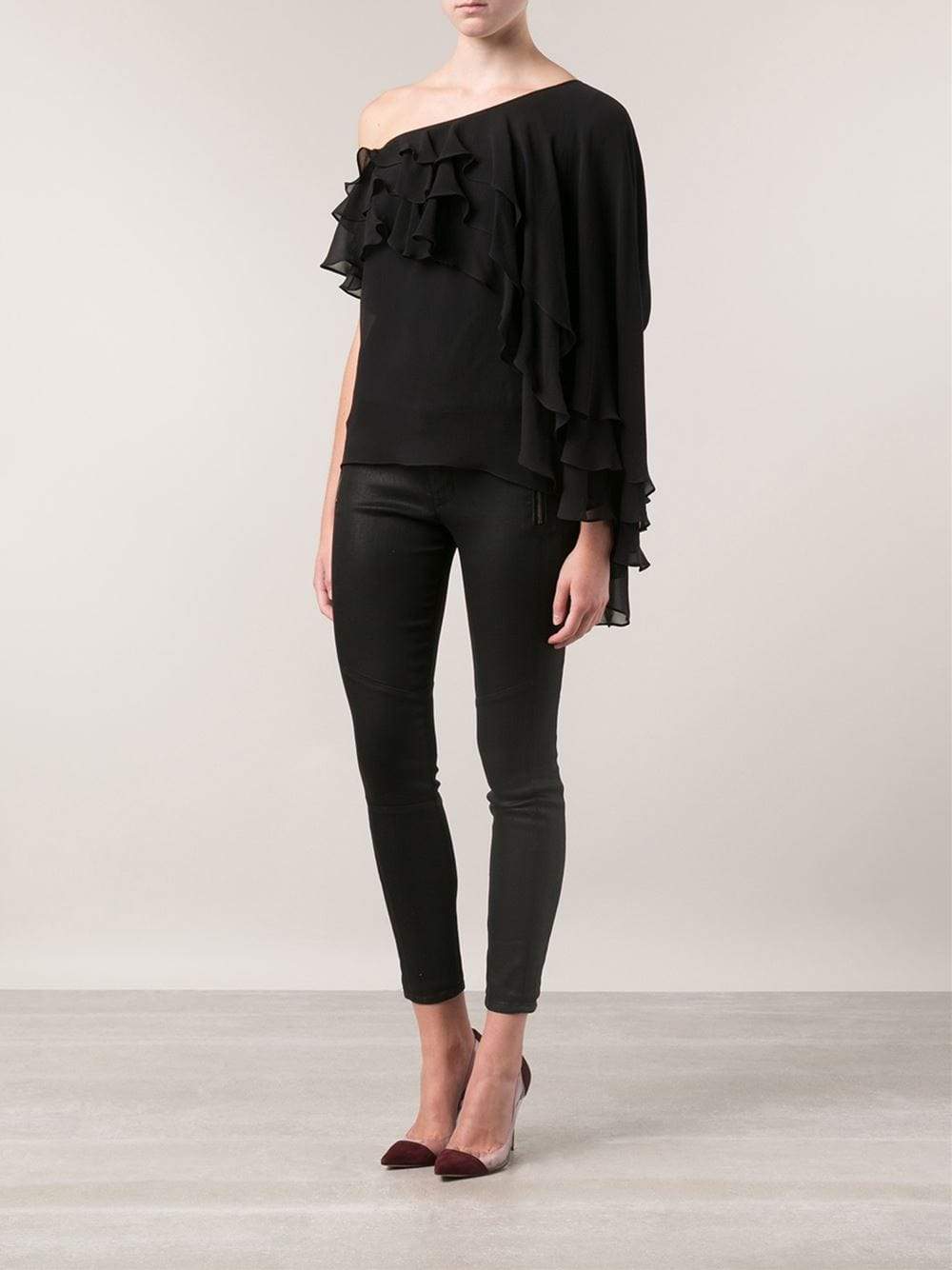 MICHAEL KORS-One Shoulder Ruffle Top-BLACK