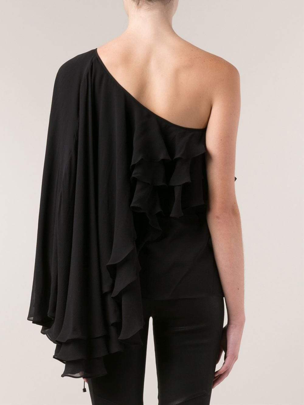 MICHAEL KORS-One Shoulder Ruffle Top-BLACK