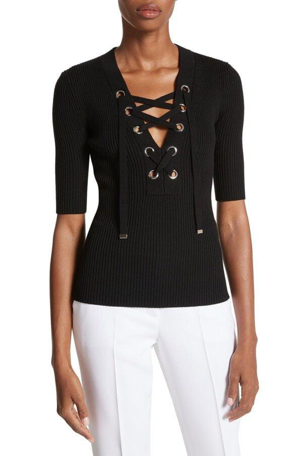 MICHAEL KORS-Lace Up Tee - Black-