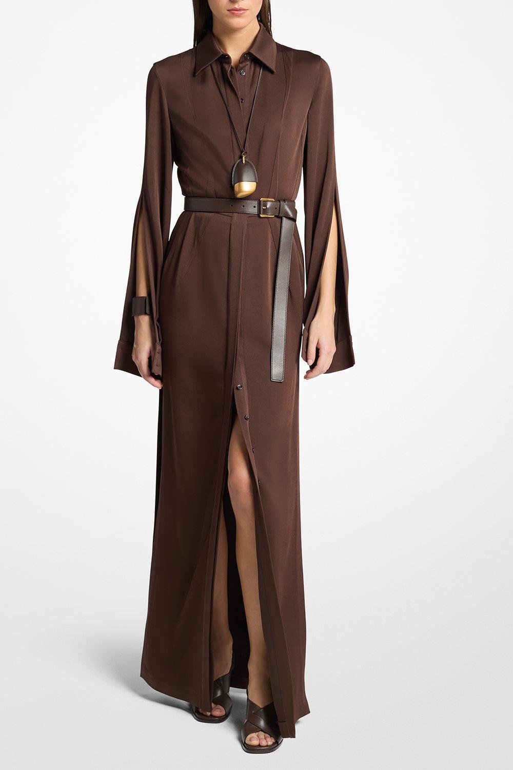 Slit Sleeve Shirt Dress-BROWN-2-CLOTHINGDRESSCASUAL-MICHAEL KORS COLLECTION