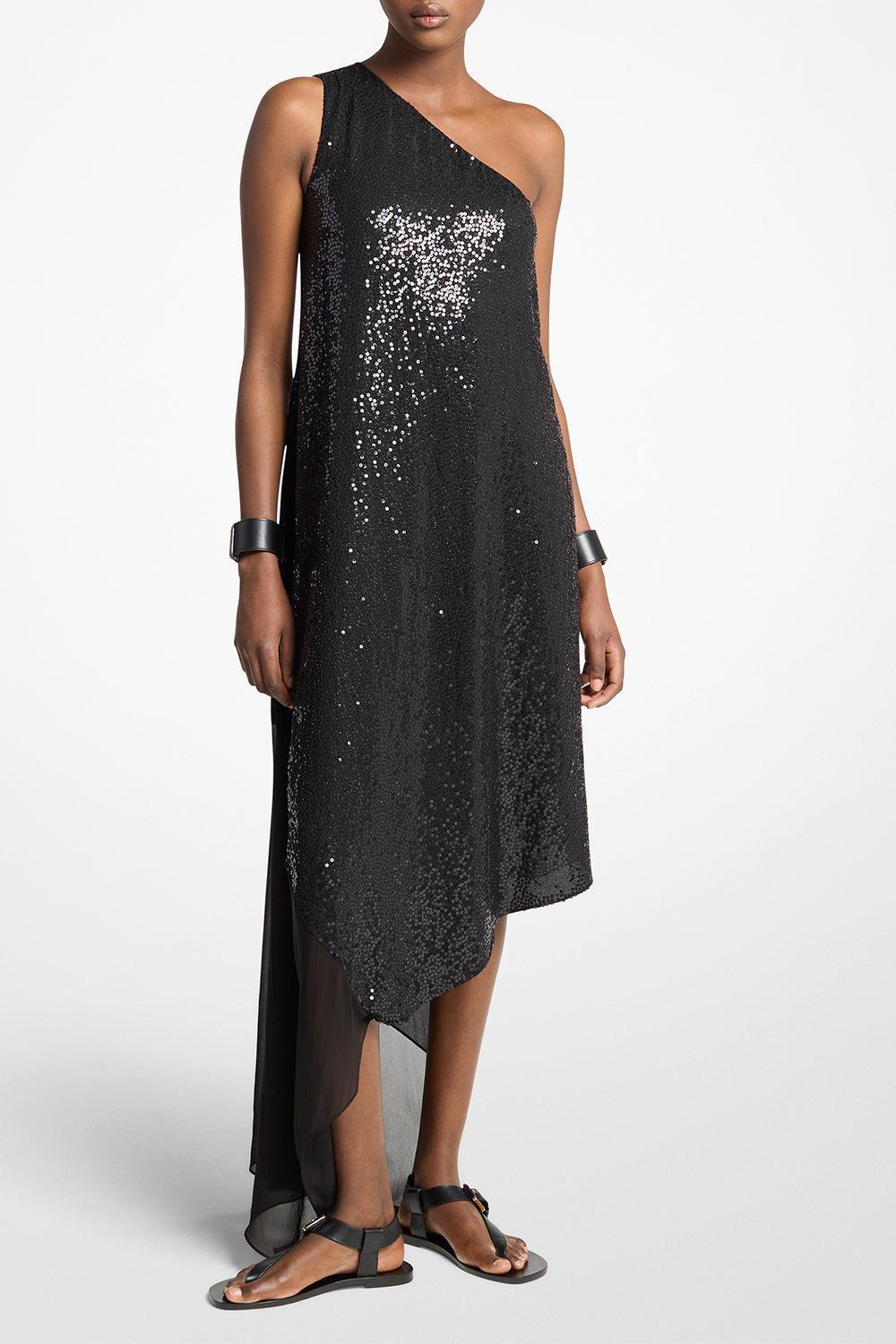 Embellished One Shoulder Asymetrical Dress-BLACK-4-CLOTHINGDRESSCOCKTAIL-MICHAEL KORS COLLECTION
