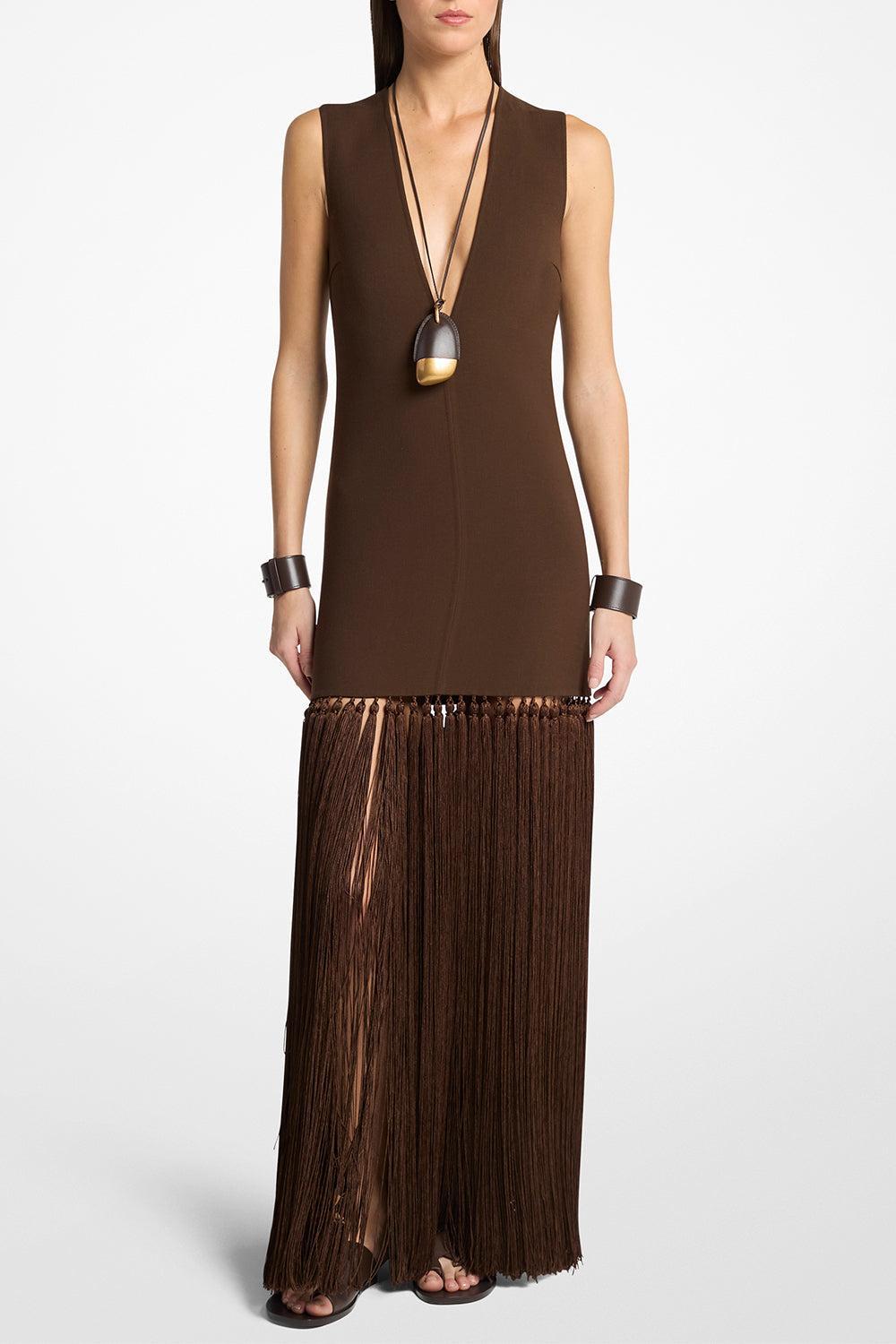 V Neck Tassel Dress-BROWN-6-CLOTHINGDRESSCOCKTAIL-MICHAEL KORS COLLECTION