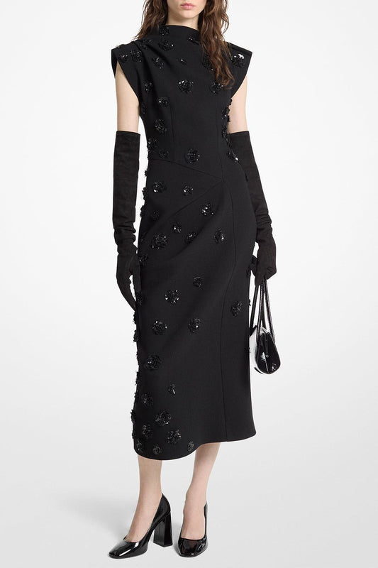 Embellished Draped Flower Dress-BLACK-4-CLOTHINGDRESSEVENING-MICHAEL KORS COLLECTION