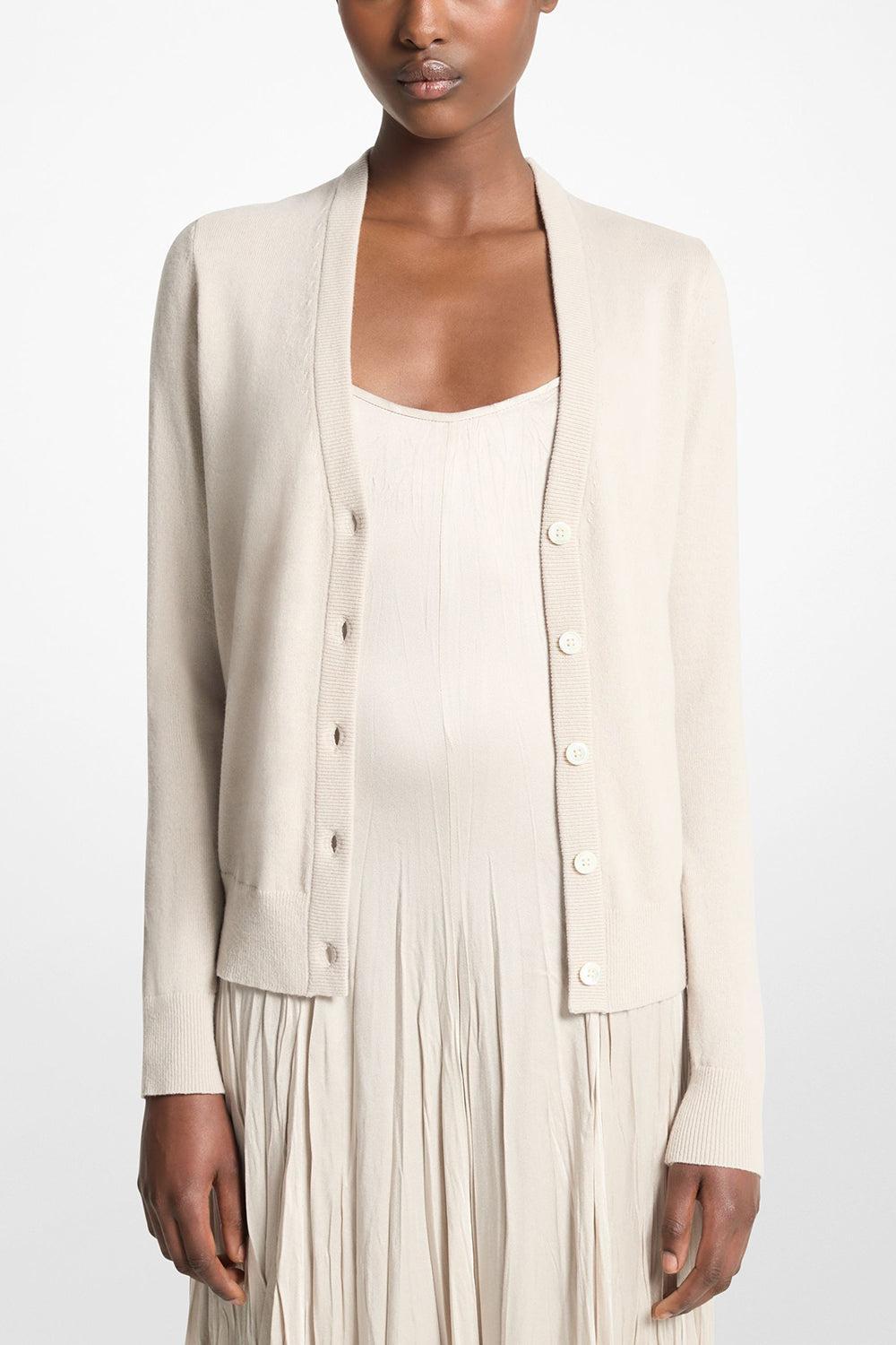 V-Neck Cardigan-OYSTER-XS-CLOTHINGTOPCARDIGAN-MICHAEL KORS COLLECTION