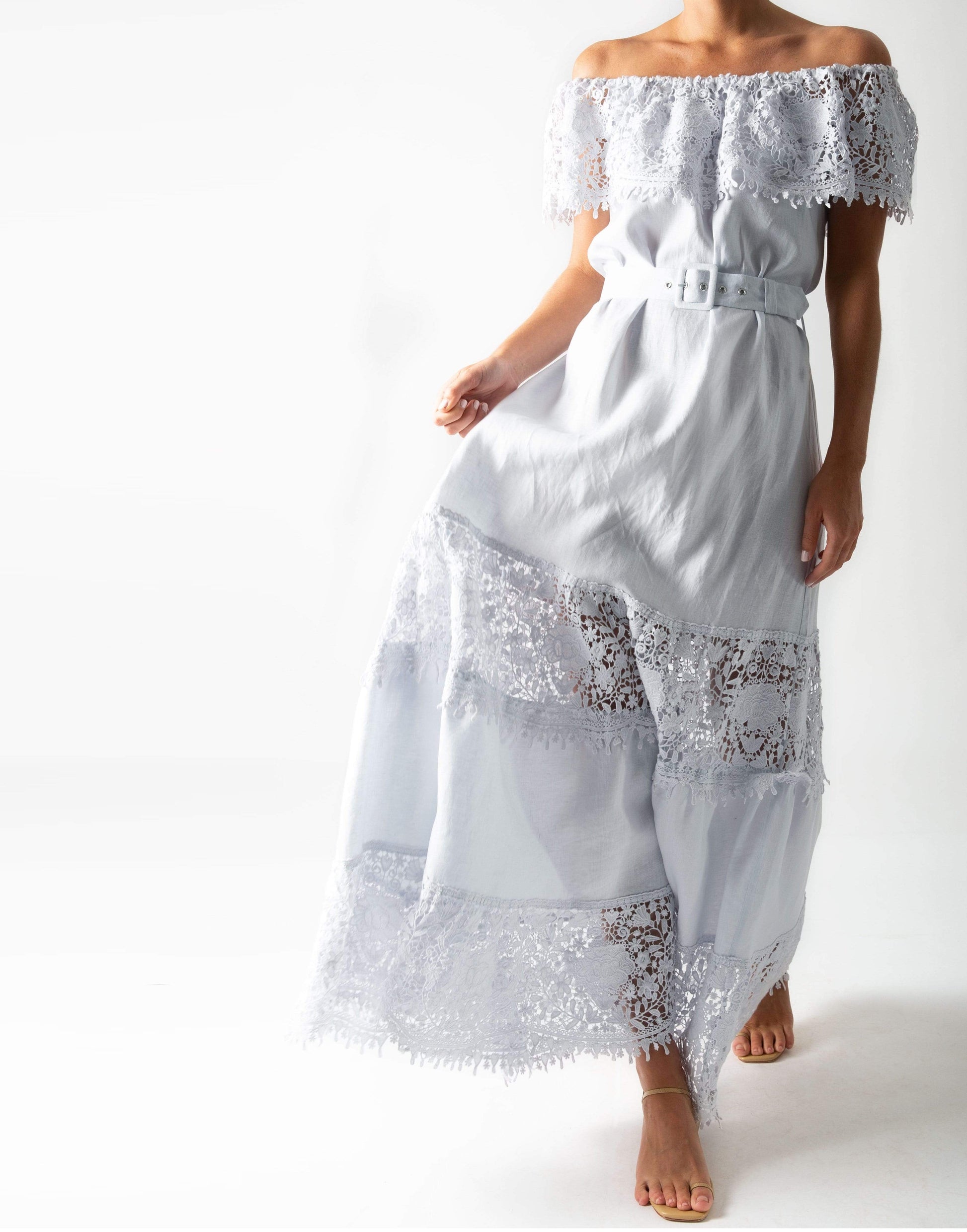 MIGUELINA-Maeve Off Shoulder Belted Maxi Dress-