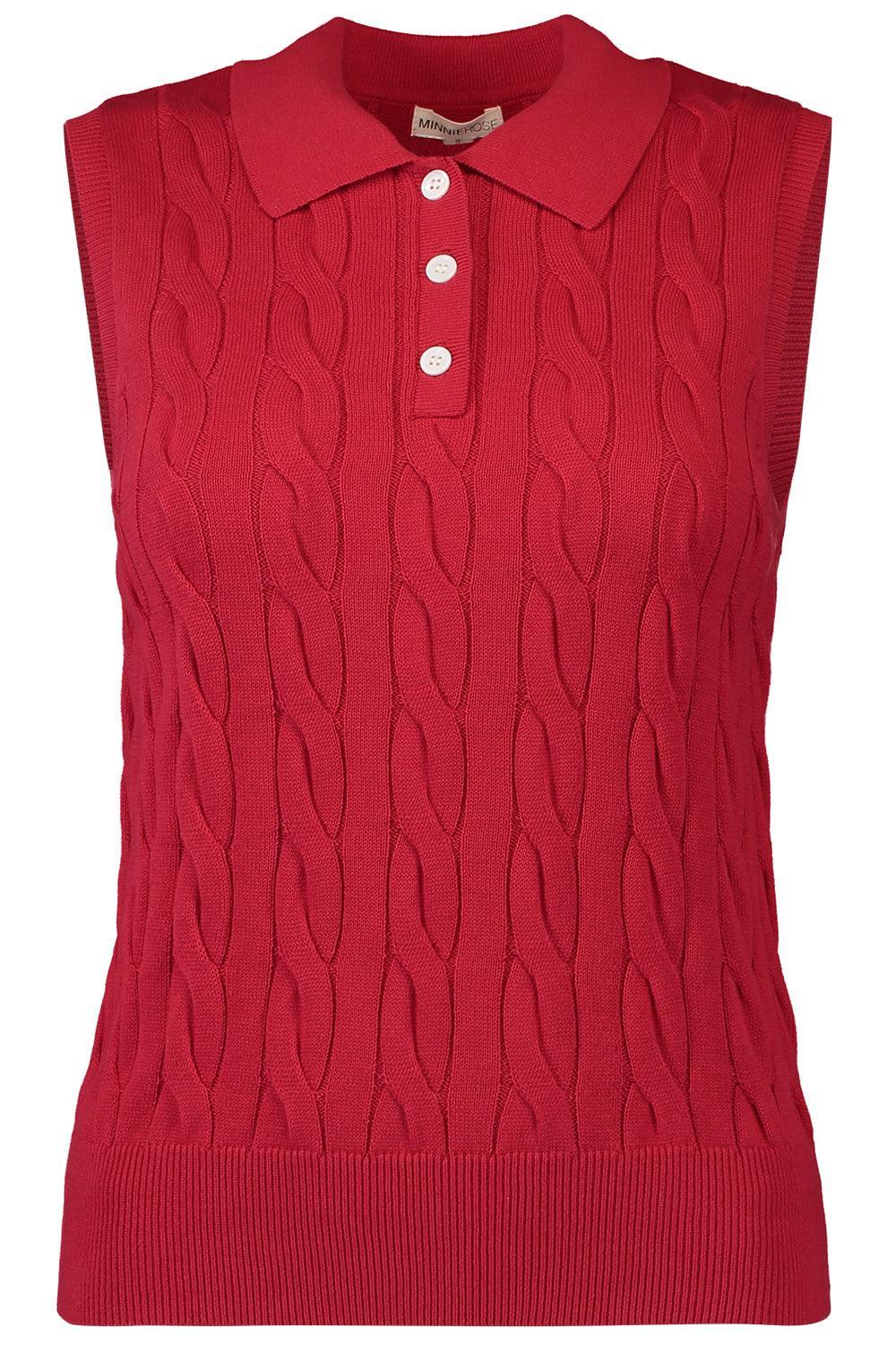 Sleeveless Cable Knit Polo - Red-RED-XS-CLOTHINGTOPKNITS-MINNIE ROSE