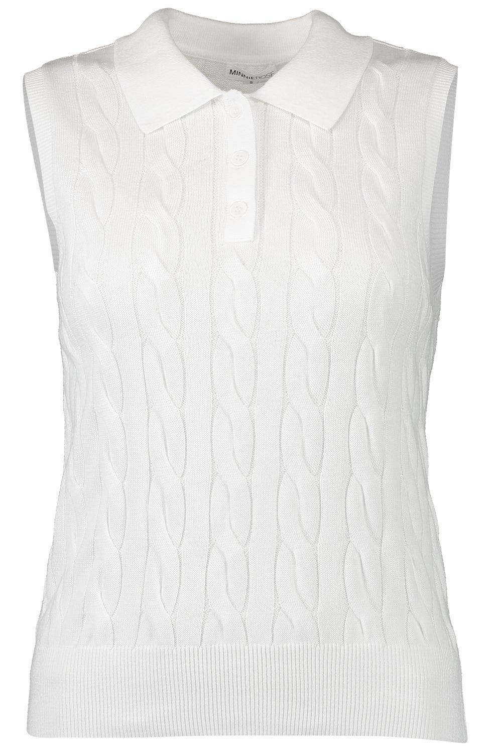 Sleeveless Cable Knit Polo - White-WHITE-XS-CLOTHINGTOPKNITS-MINNIE ROSE