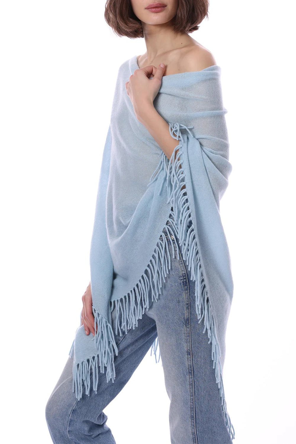 MINNIE ROSE-Ruana Fringe Poncho - Baby Blue-BABYBLUE