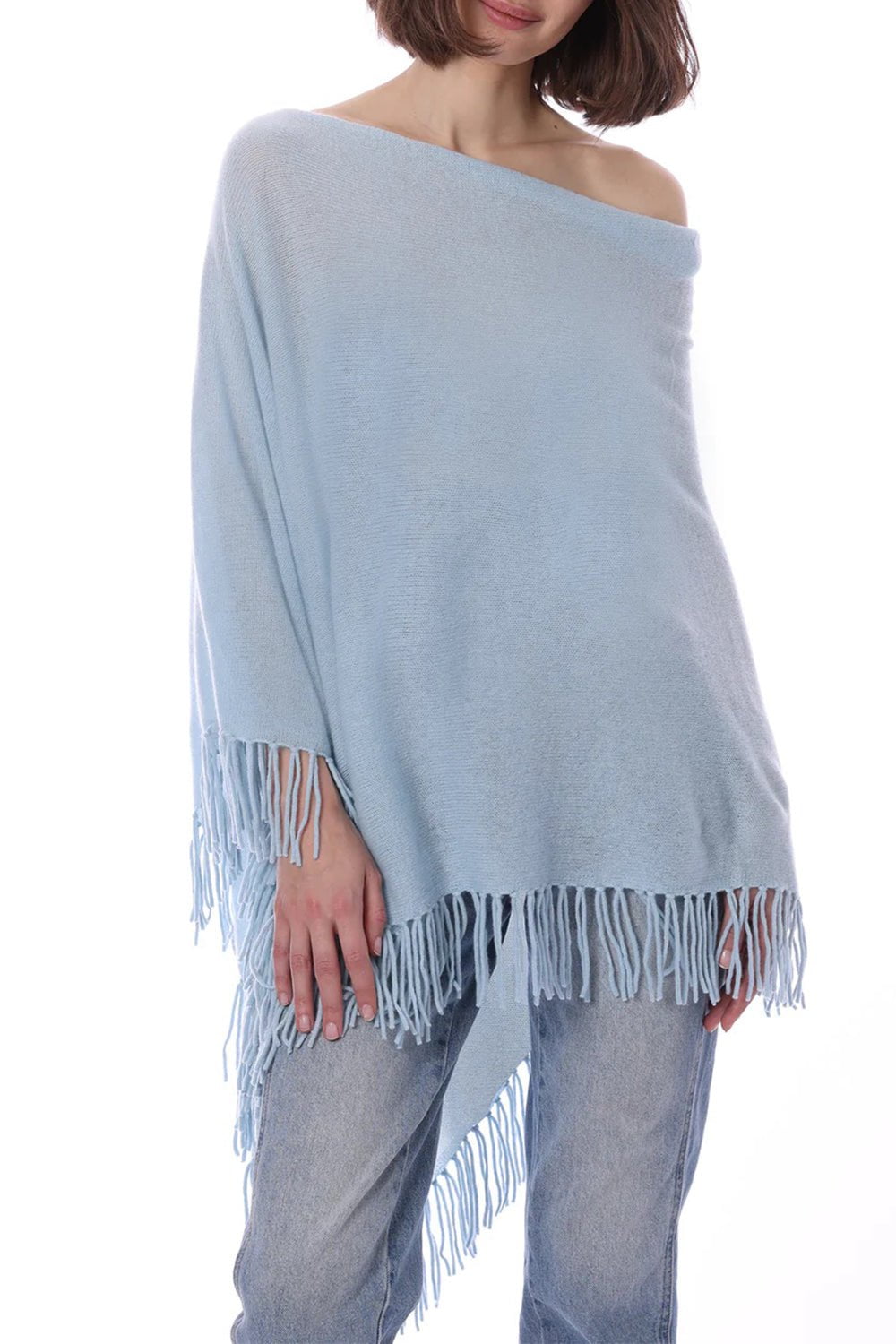 MINNIE ROSE-Ruana Fringe Poncho - Baby Blue-BABYBLUE