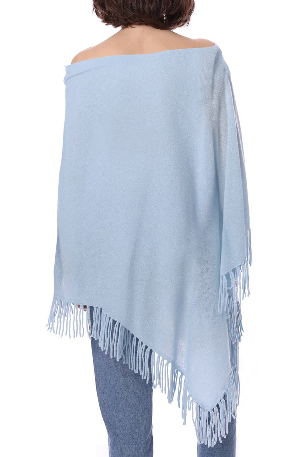 MINNIE ROSE-Ruana Fringe Poncho - Baby Blue-BABYBLUE