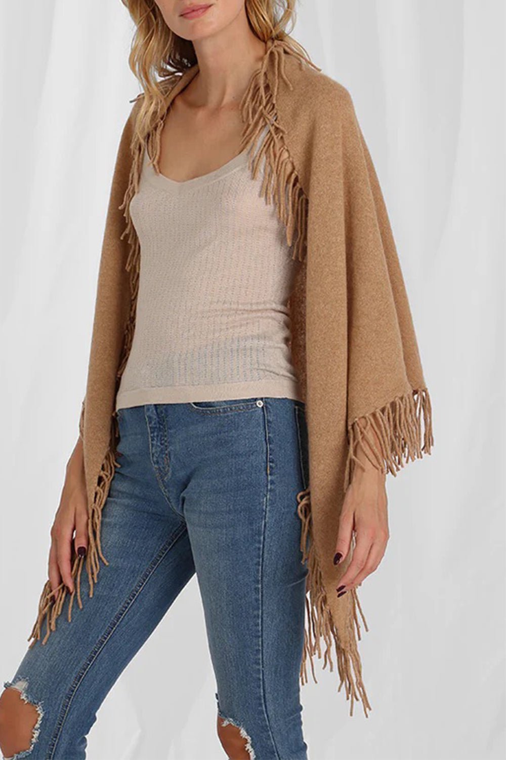 MINNIE ROSE-Fringe Shawl - Camel-CAMEL