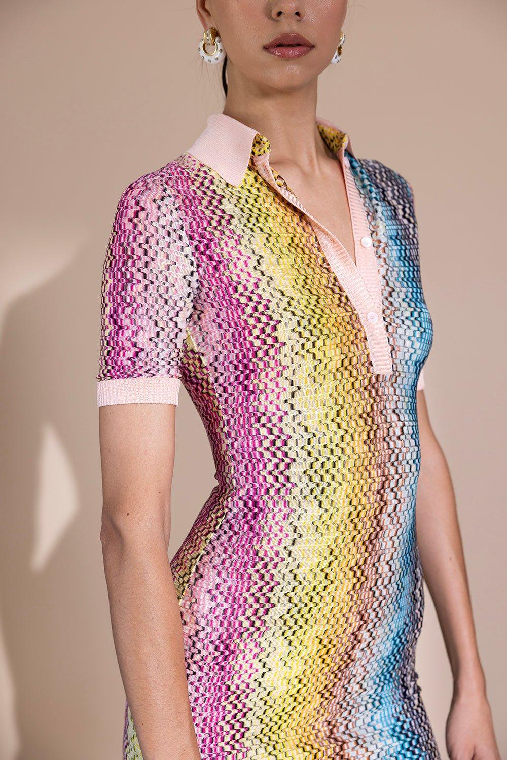 MISSONI-Collared Vertical Short Sleeve Midi Dress-