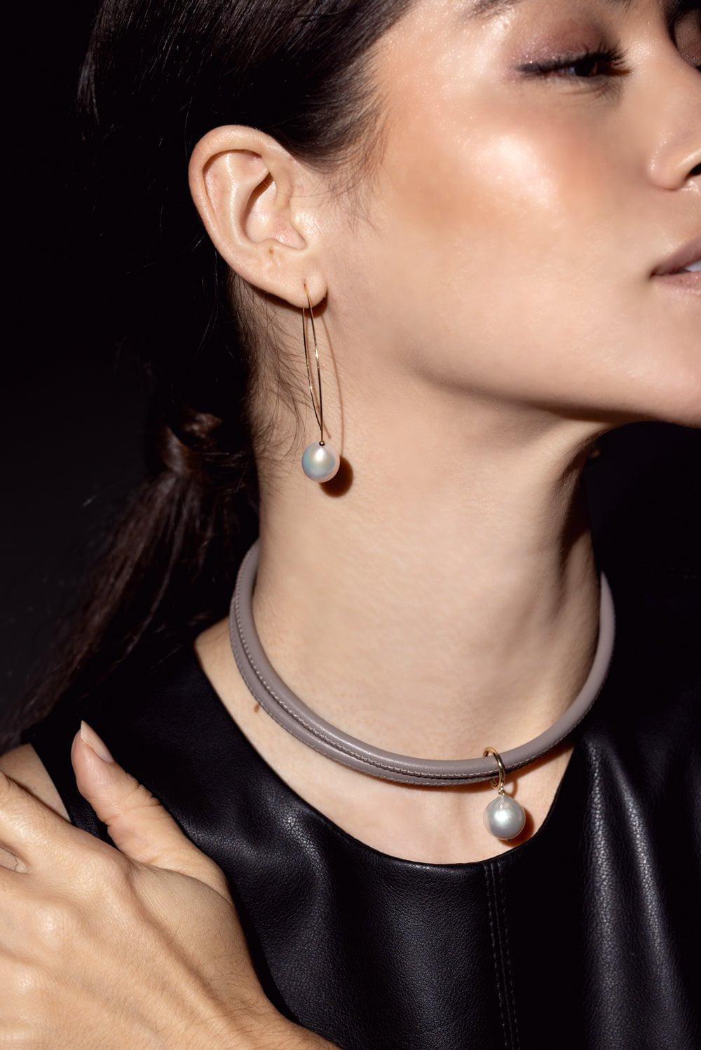 MIZUKI-Taupe Leather Pearl Choker Necklace-TAUPE