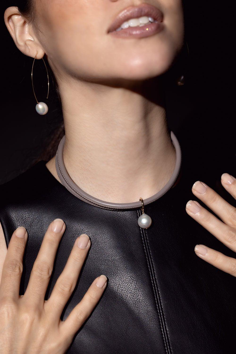 MIZUKI-Taupe Leather Pearl Choker Necklace-TAUPE