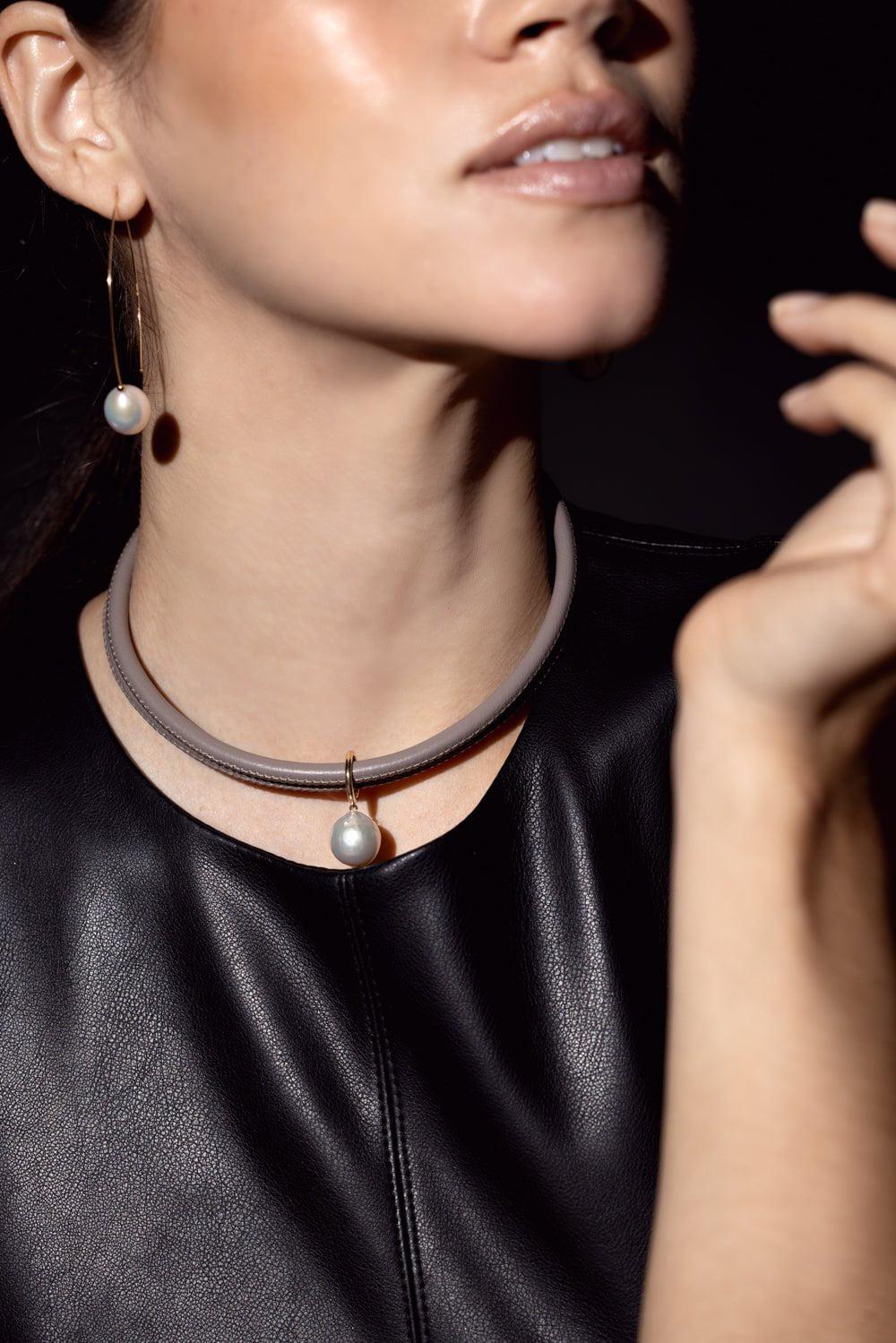 MIZUKI-Taupe Leather Pearl Choker Necklace-TAUPE