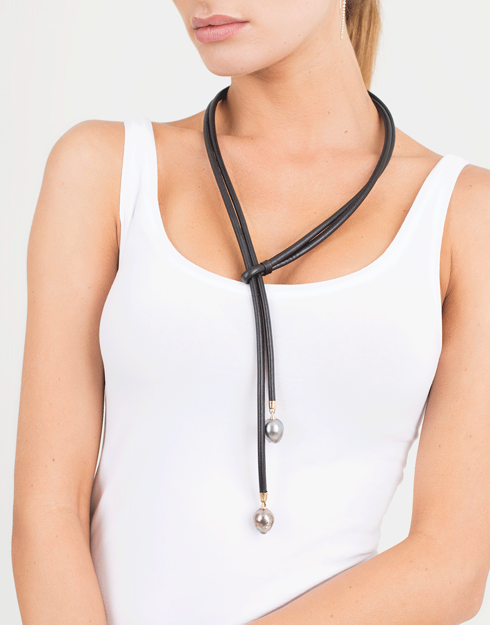 MIZUKI-Leather Lariat Pearl Necklace-YELLOW GOLD
