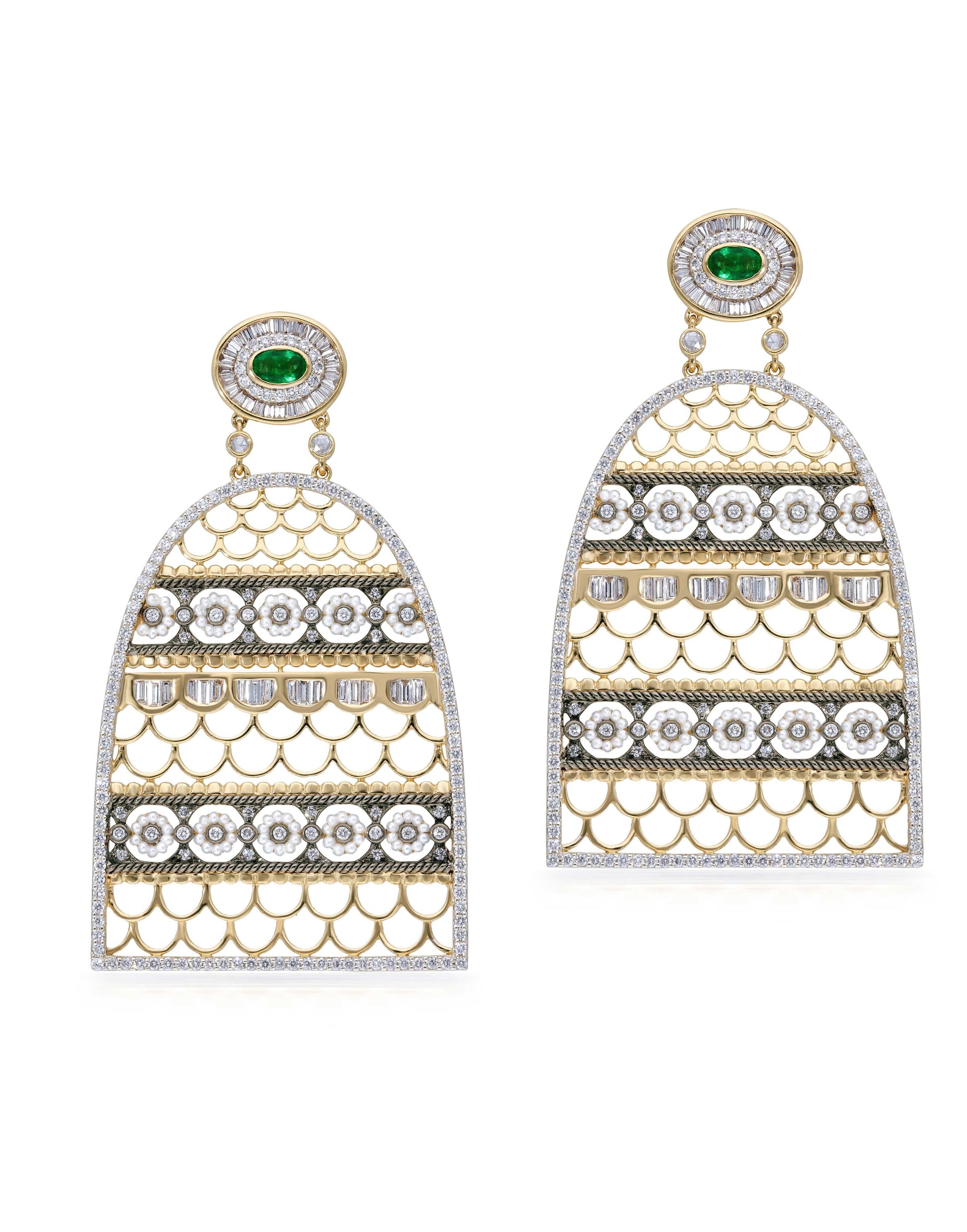 MOKSH-Jodhpur Emerald and Diamond Scale Earrings-YELLOW GOLD