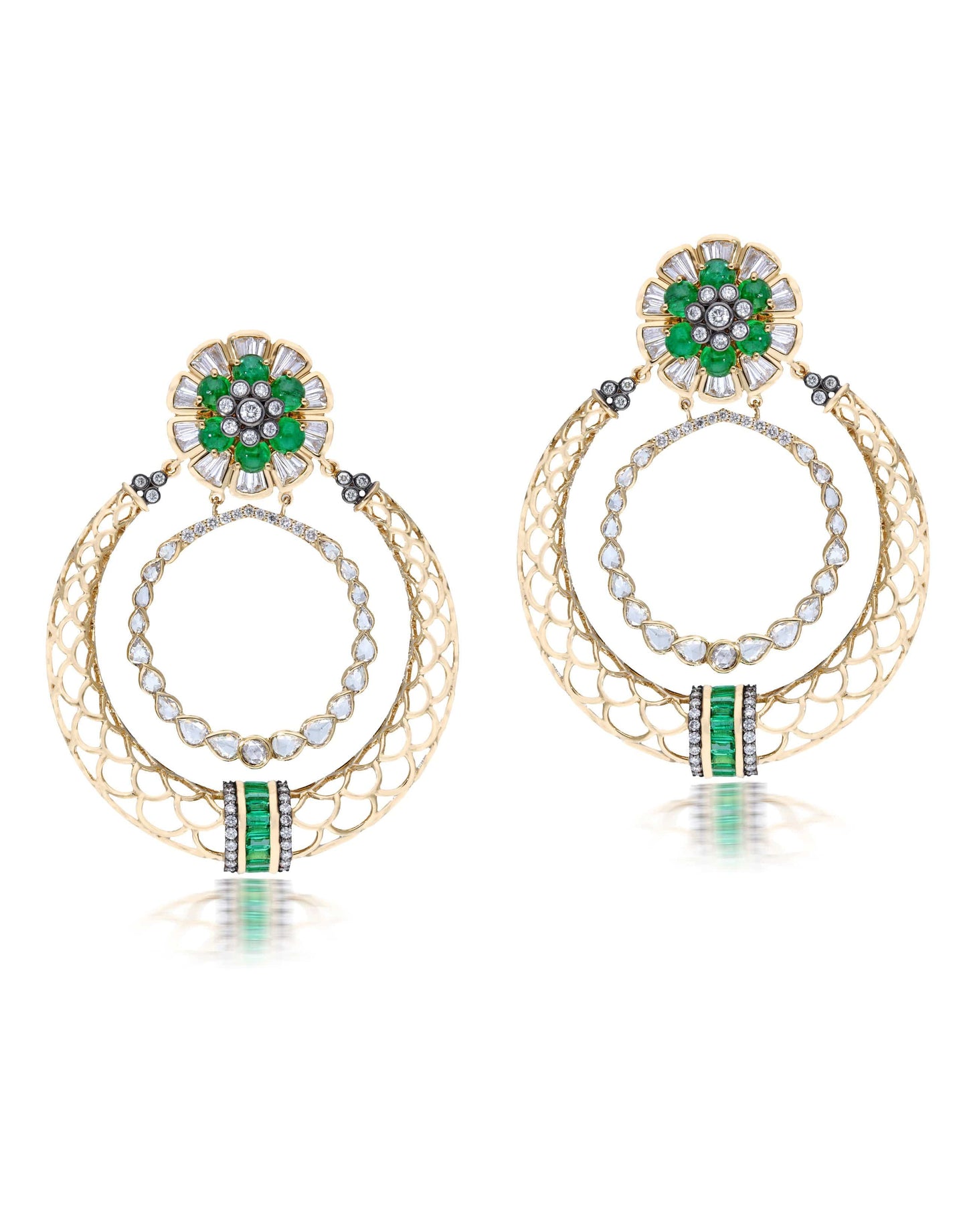 MOKSH-Jodhpur Emerald Flower and Diamond Earrings-YELLOW GOLD