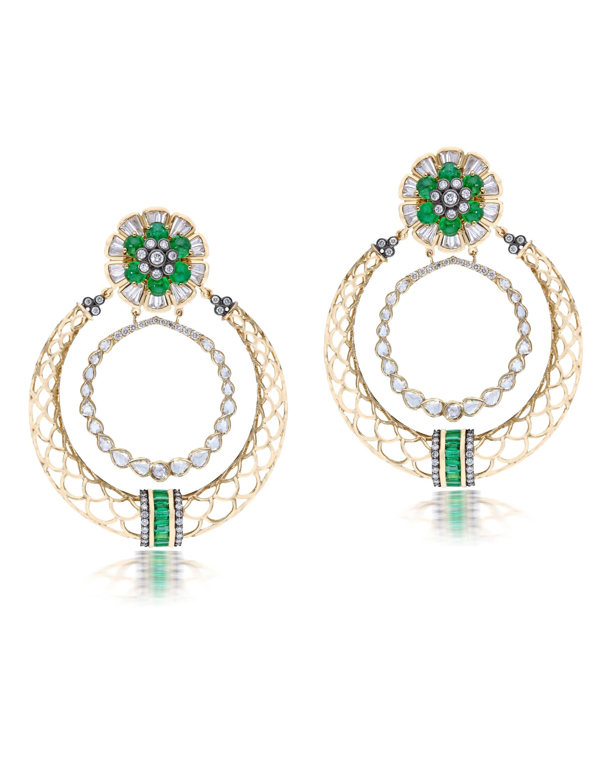 MOKSH-Jodhpur Emerald Flower and Diamond Earrings-YELLOW GOLD