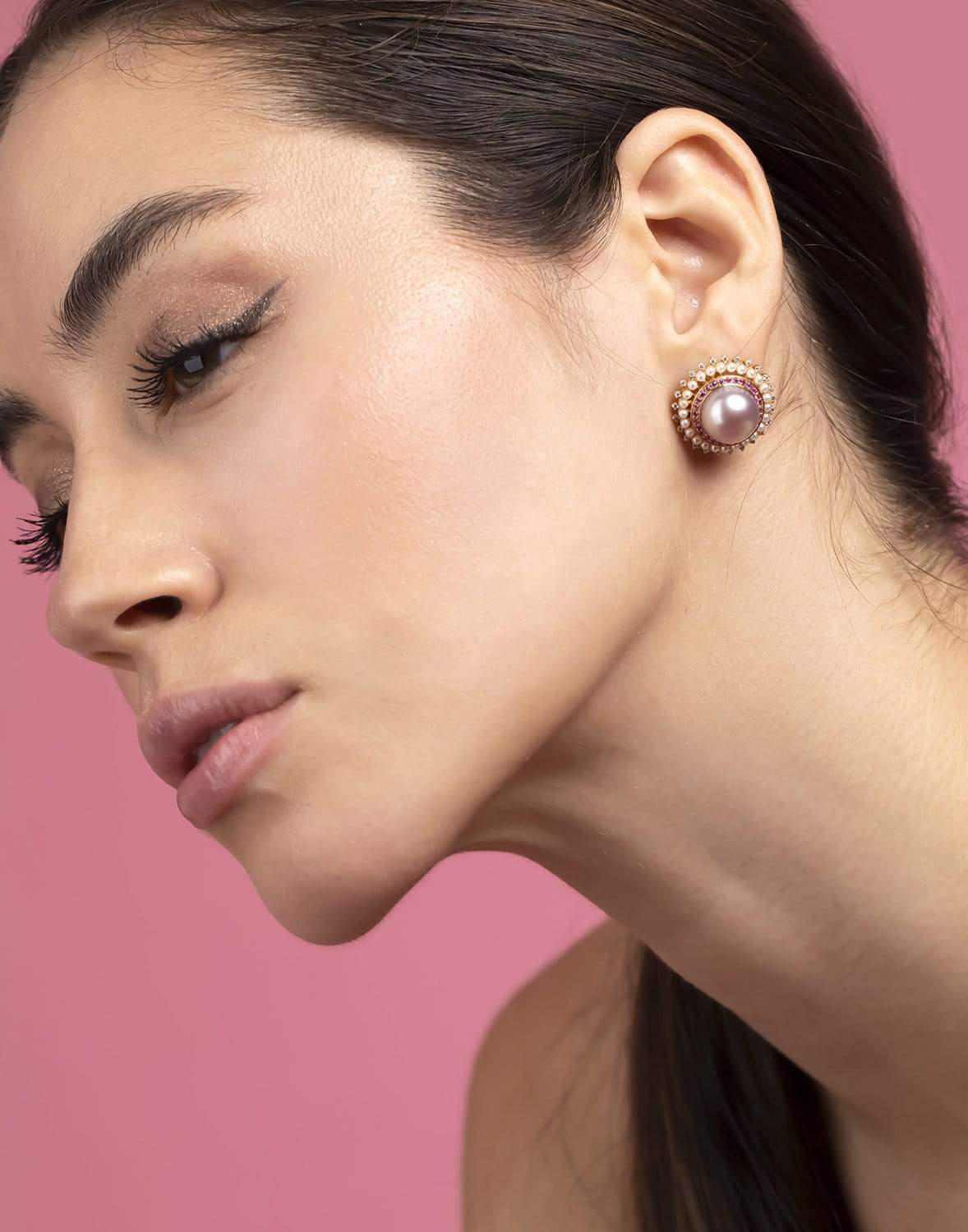 MOKSH-Kyoto Pink Sapphire and Akoya Pearl Earrings-YELLOW GOLD